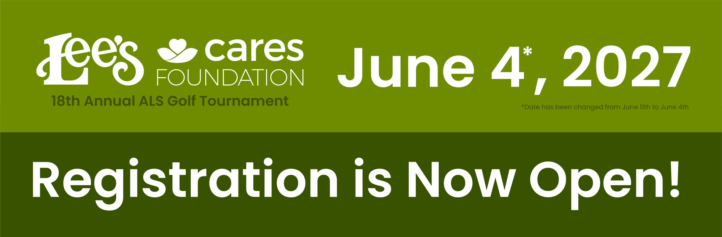Lee's Cares Foundation 18th Annual ALS Gofl Tournament June 4*, 2026 Registration is now open. *Date has been updated from June 11 to June 4
