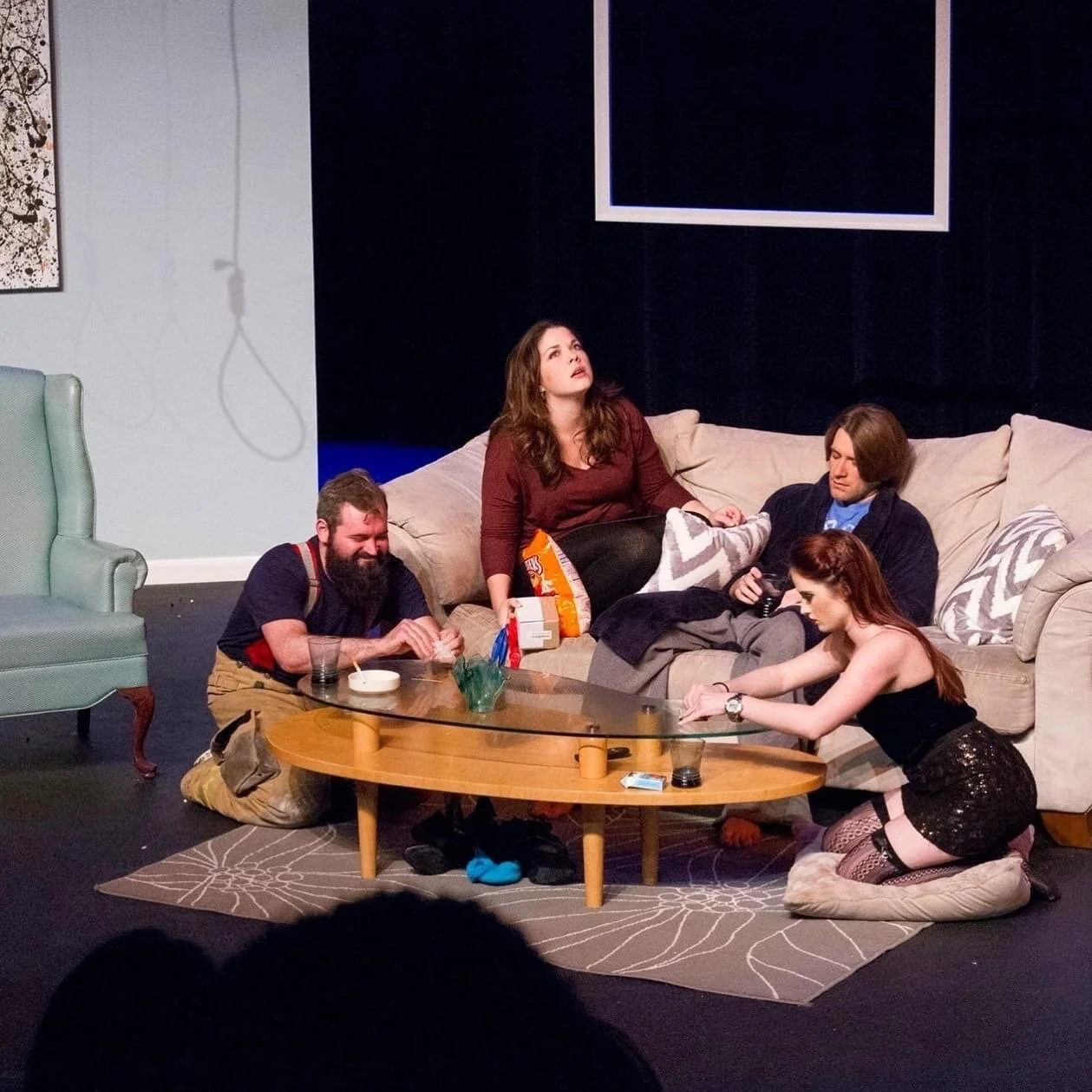 Gavin Wells, Meghan Hurley, Rick Harrelson and Anna Bennett in “All New People” by Zach Braff performed by Theatre Pops in Tulsa, OK. Directed by George Romero.