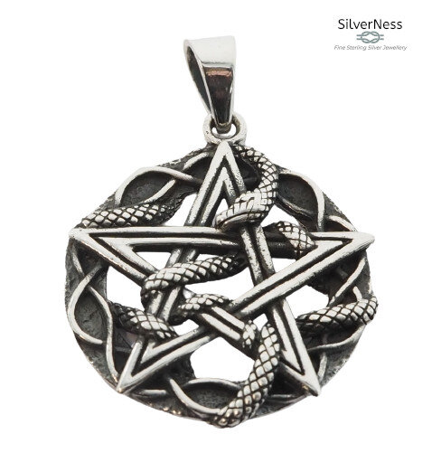 925 Sterling Silver Ouroboros Intertwined Snake Pentacle Pentagram Pendant