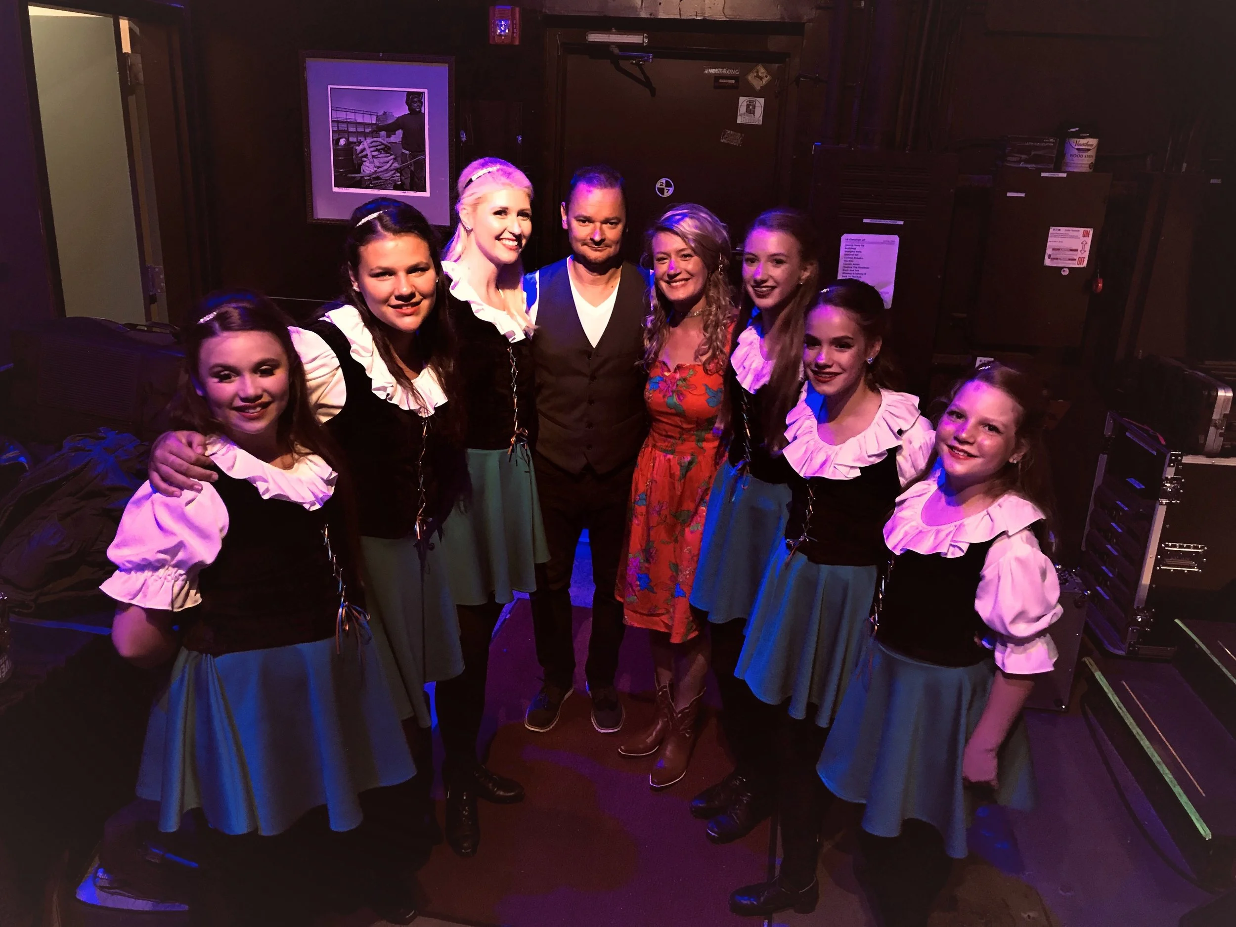 Sara Rhodes, TCRG and Rhodes Academy Irish dancers with band members of Gaelic Storm, June 2019