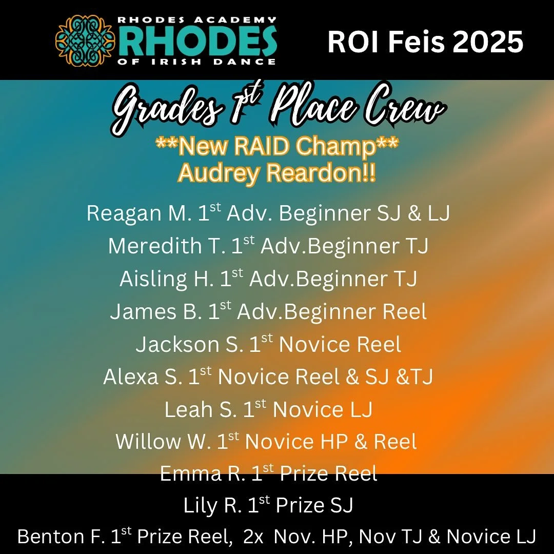 Smiles 😃 & Success 🤩 at the ROI Feis! 
Today we had a large showing from our RAID grade level dancers and they were on fire today!! Lots of great top placements and improvements. Let’s keep up the hard work everyone!! Great job! 
Specia