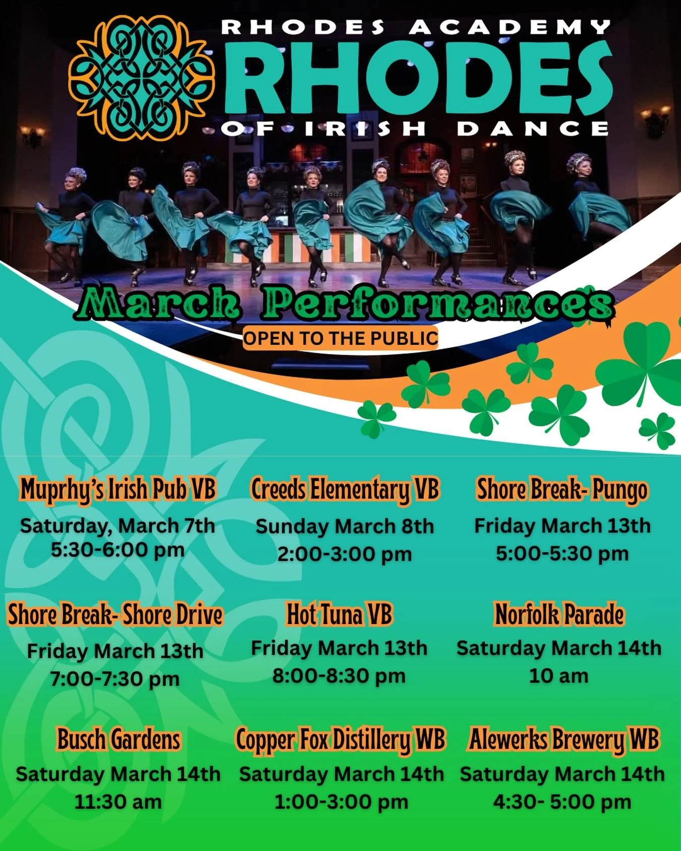 🍀March Madness is Here! 🍀

Rhodes Acadmey dancers are prepped and ready to go!! We are performing all across Hampton Roads this March and we would love to see you there celebrating the Irish way! 

See ya soon! 🍻🍀🇮🇪
.
.
.
#irishdnace #st.patric