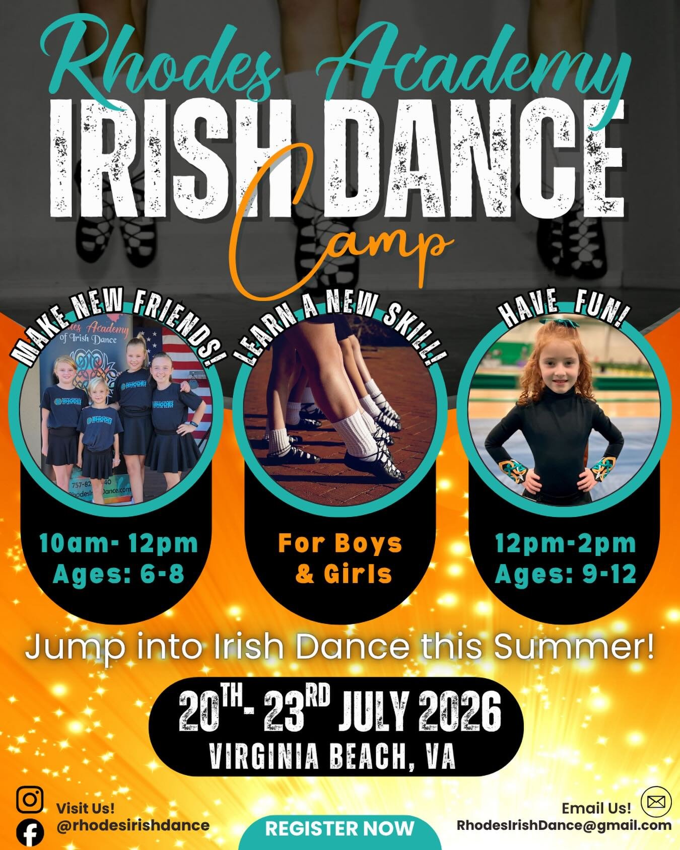 🍀 Rhodes Academy Summer Irish Dance Camp! ☀️

Looking for a fun summer activity in Virginia Beach? Introduce your child to Irish dance! No experience needed. Led by professional Irish dancers and certified  instructors Sara Rhodes Zimmerman, TCRG an