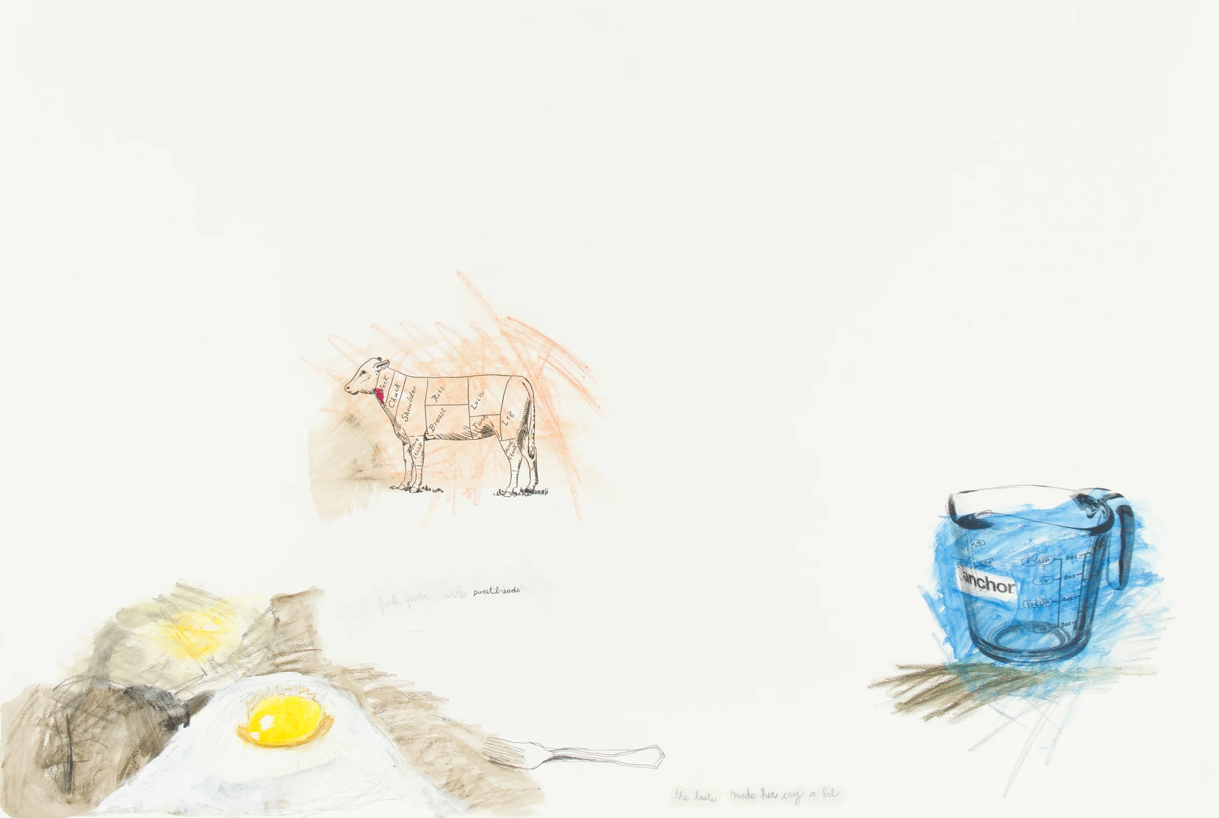 Sweetbreads and Pasta, sériegraphie, crayon aquarelle et dessin au papier calque sur papier Somerset, 2016