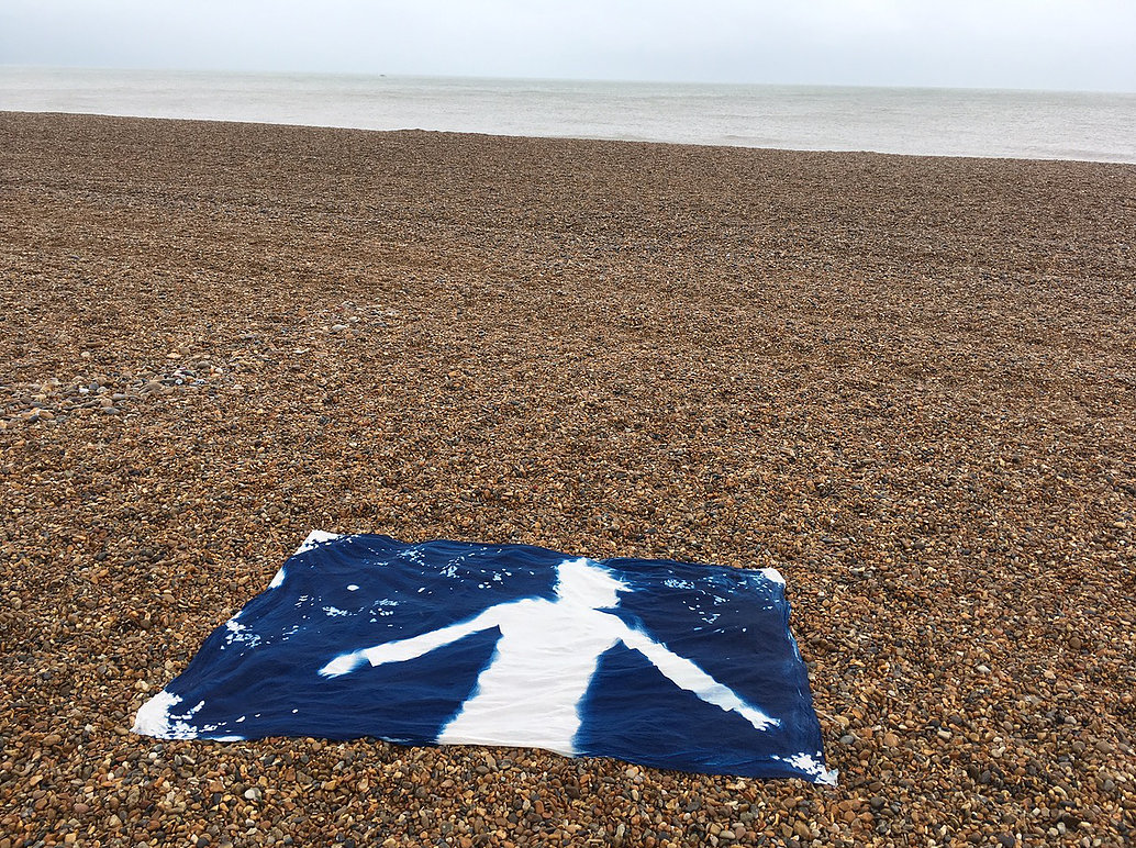 'Still on the Beach'. Cyanotype of Felicity Faulkner by Jane Watt.