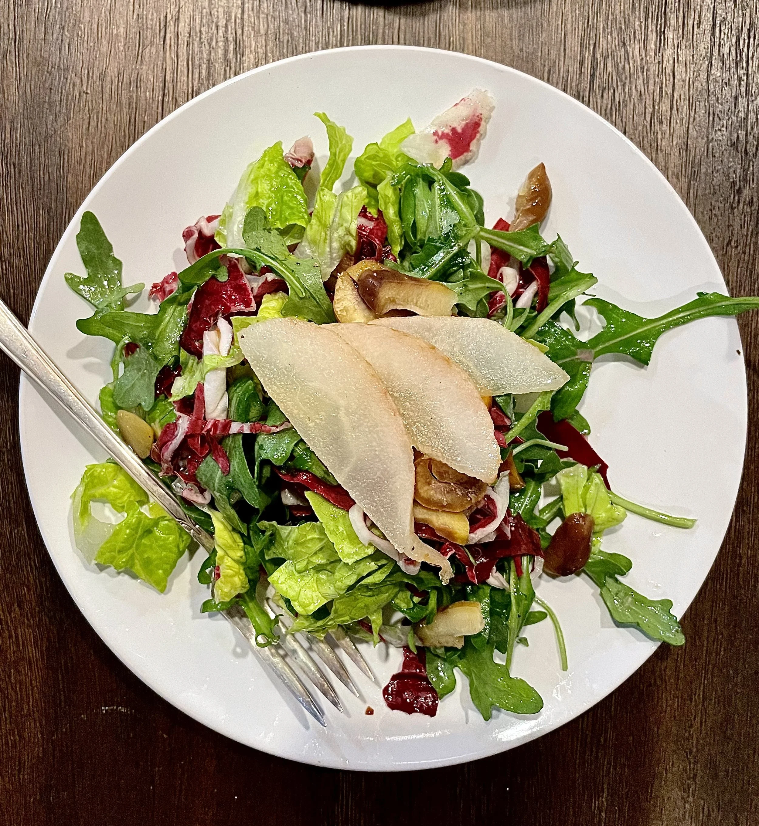  pear, radicchio, baby lettuce, chestnut salad with pomegranate vinaigrette 