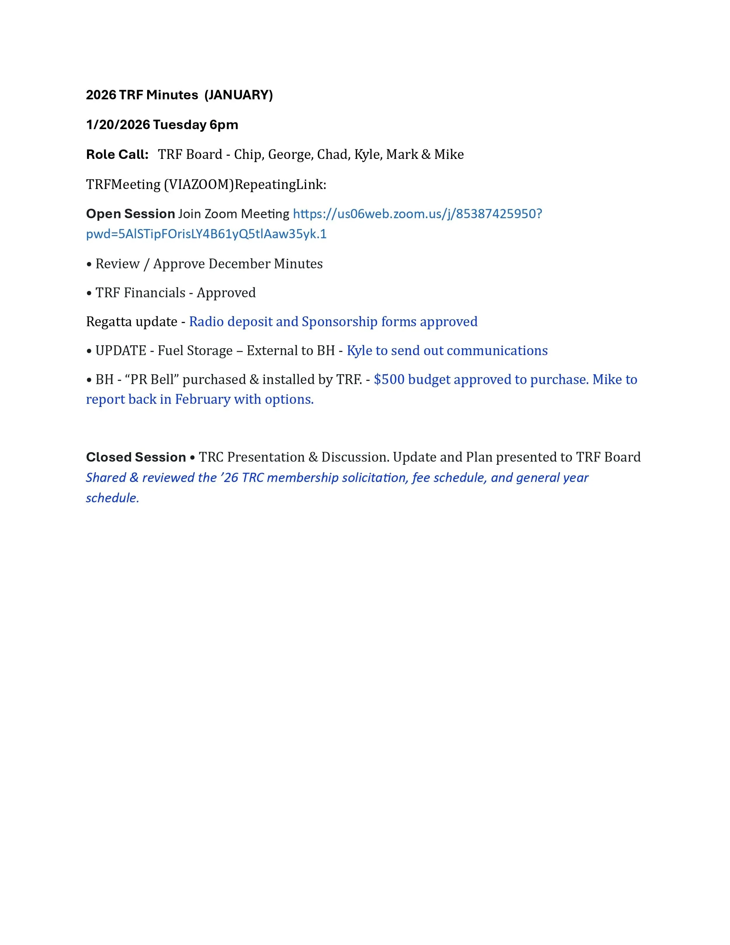January 2026 TRF Minutes