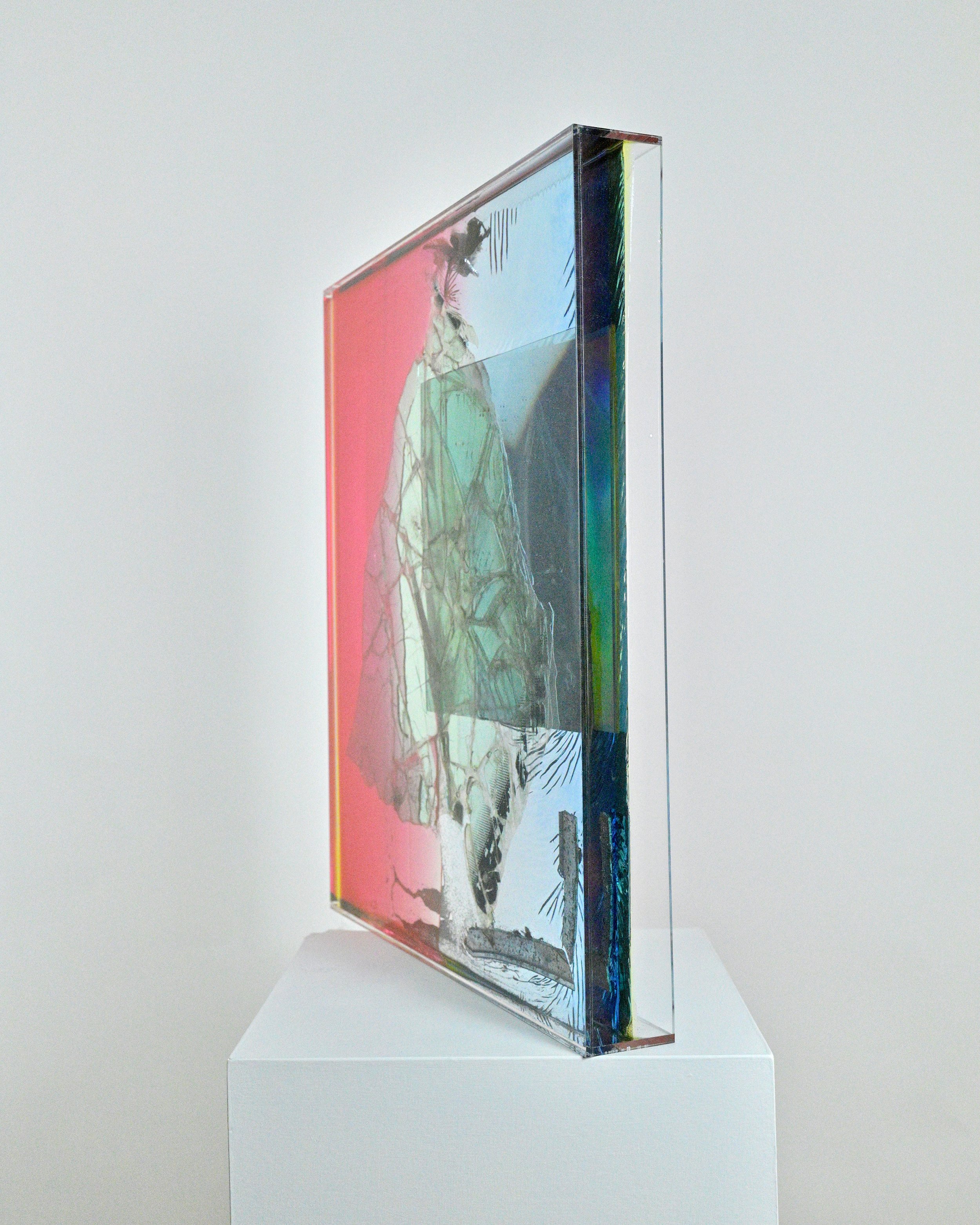   Bell  (side view), Double layered salvaged windshield glass, salvaged parts, film, resin, 27” x 25” x variable, 2021-2022 