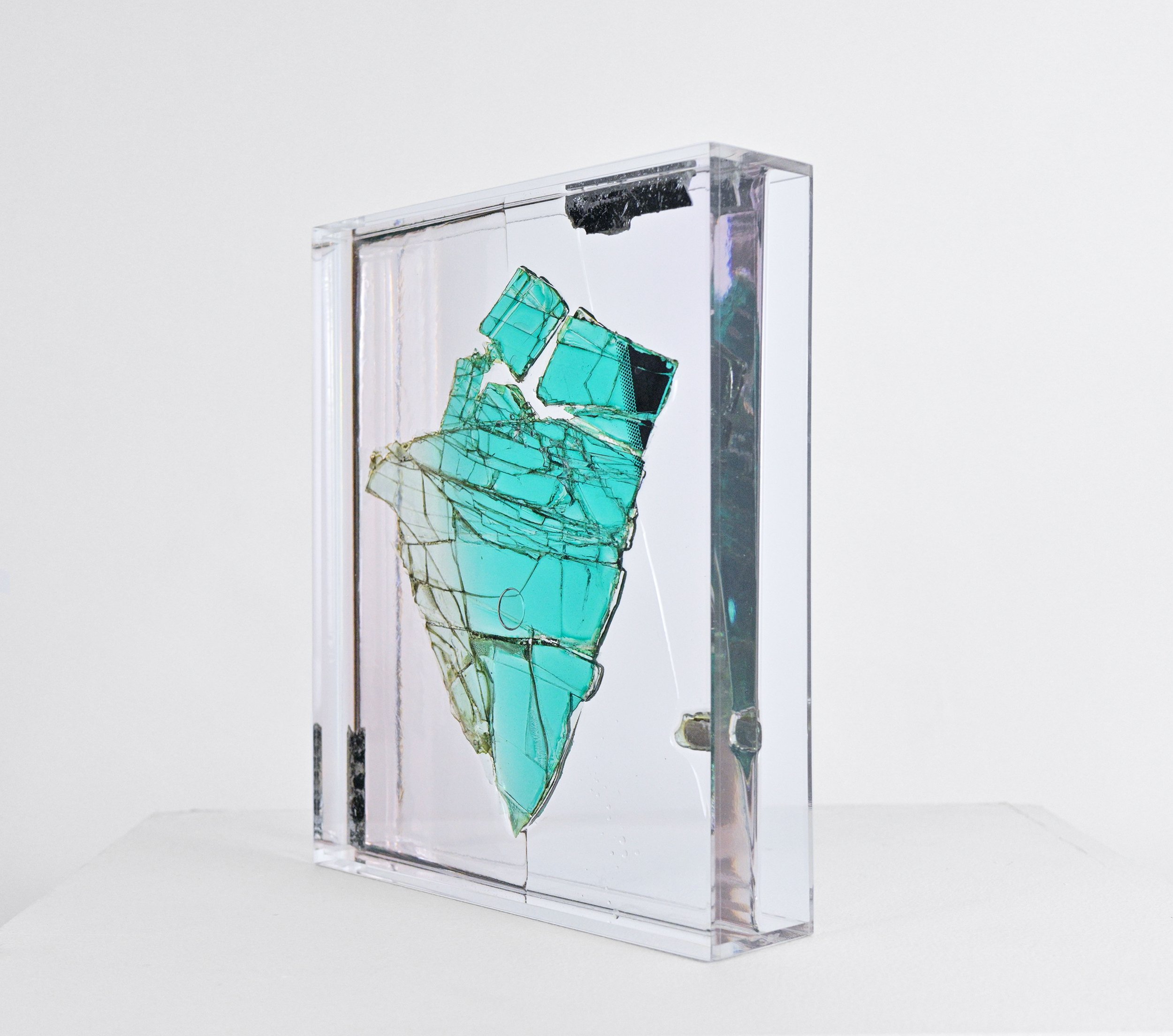   Untitled(brand new tomorrow) , Double layered windshield glass, film, resin, 10.5” x 8” x variable, 2021-2022 