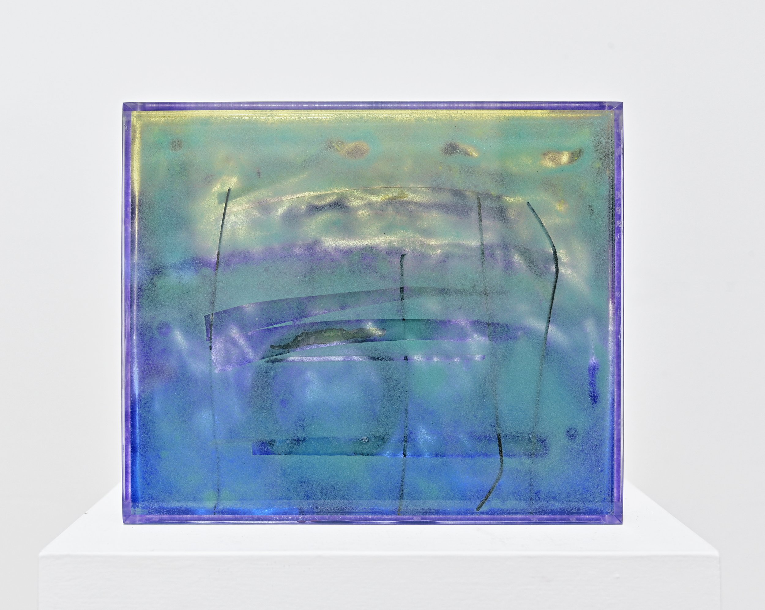   purple daze, i feel your haze (outside view),  found auto parts, 1950’s Chevy windshield glass, resin, sand, quartz, auto-paint in plexiglass, 2023 