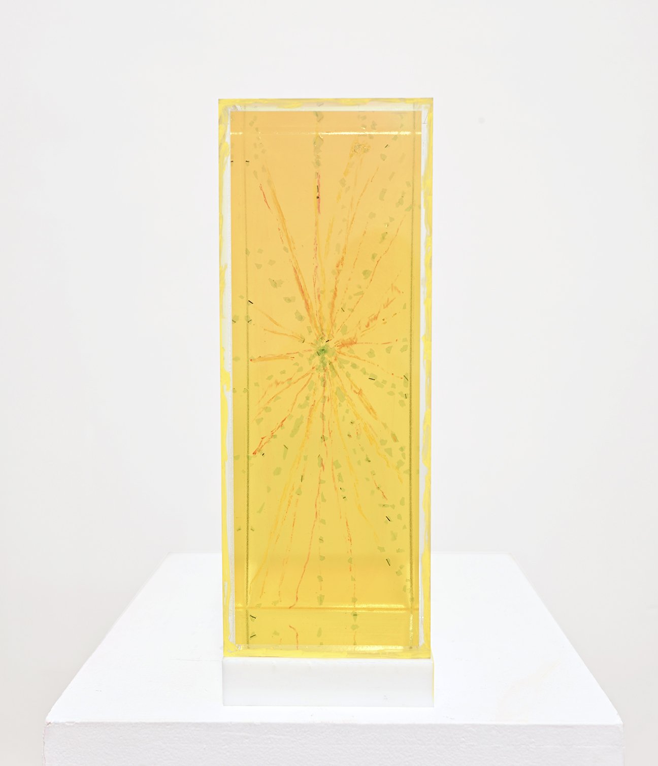   Yellow Star , Resin, salvaged 1970’s Mercedes windshield glass, pastel, paint in plexiglass on salvaged marble base, 17 ½ ” x 7” x 7 ” , 2023 