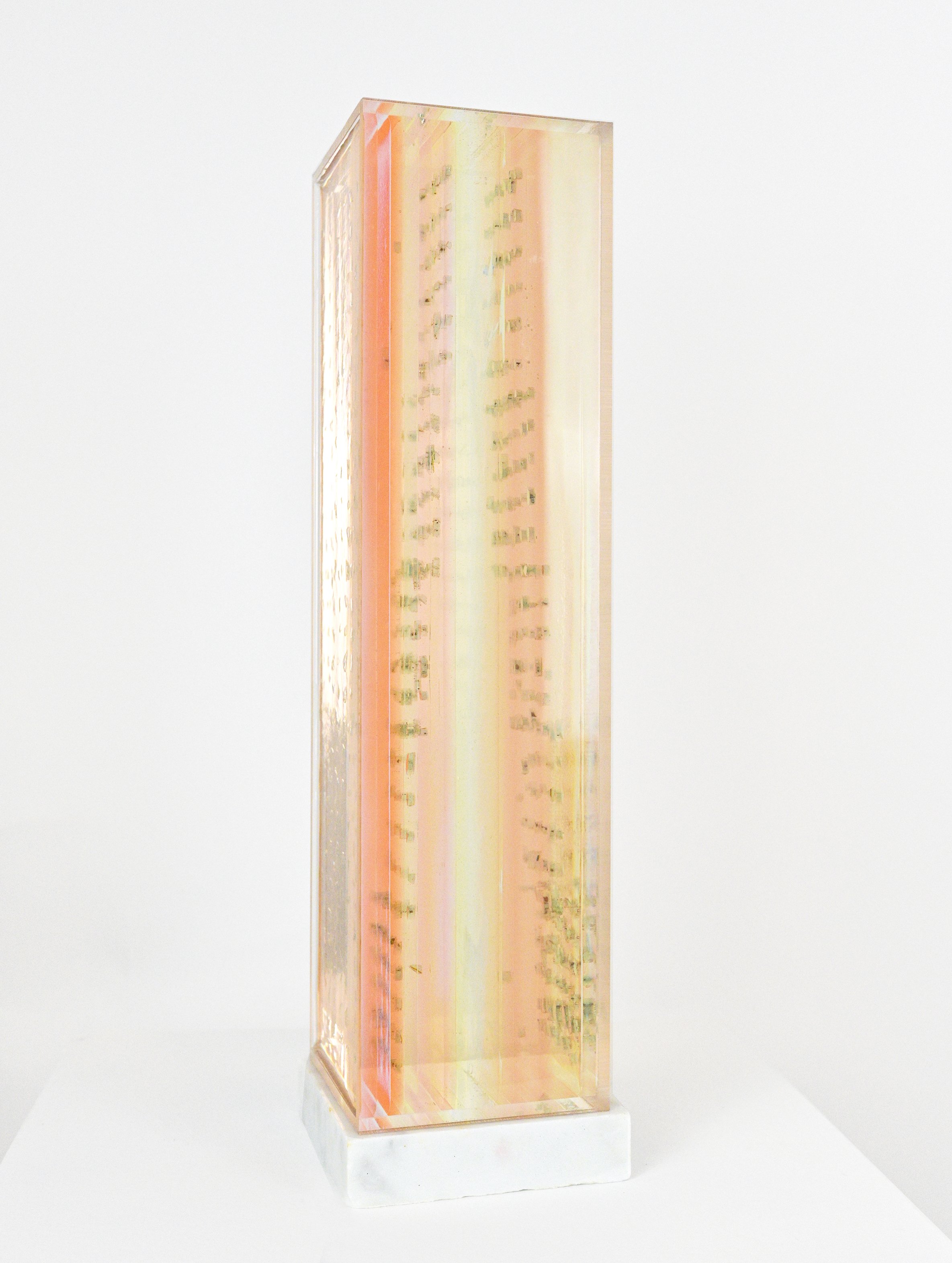  Untitled (in praise of peace) , Resin, salvaged 1970’s Mercedes back windshield glass, in plexiglass on salvaged marble base, 17 ½ ” x 5” x 5” (overall), 2022 