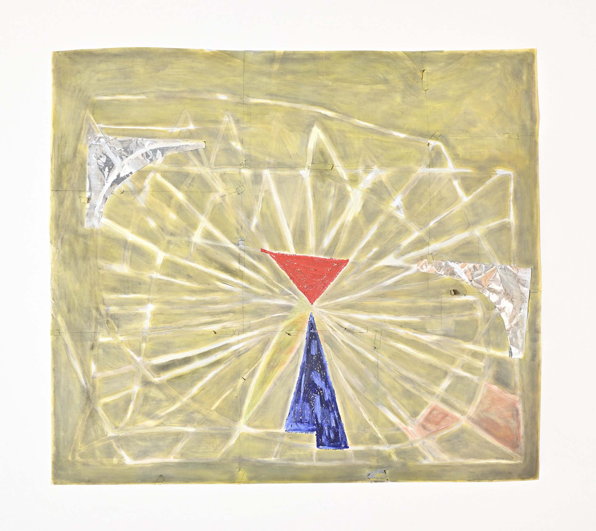   Optic #3  ( red triangle), oil stick, pastel, aluminum, graphite, gesso on vellum, 41” x 36” 