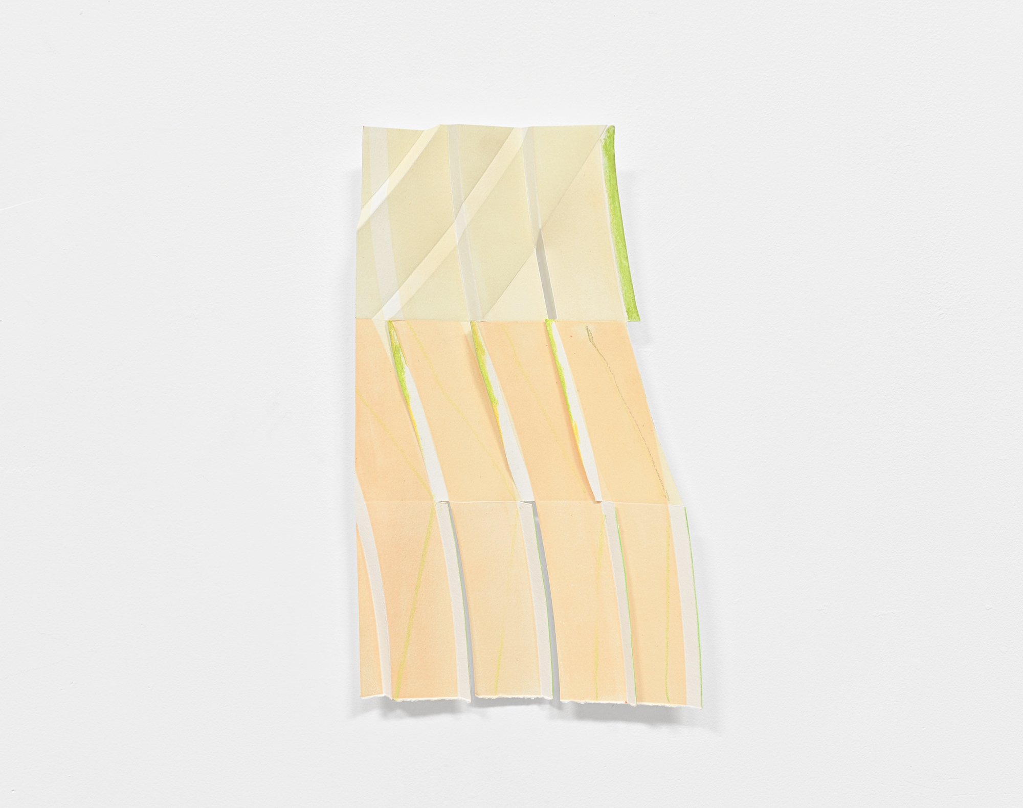 Hula skirt , hand-cut and folded relief monoprint with pastel on Rives paper, 12” x 7.25” x 1”, 2019