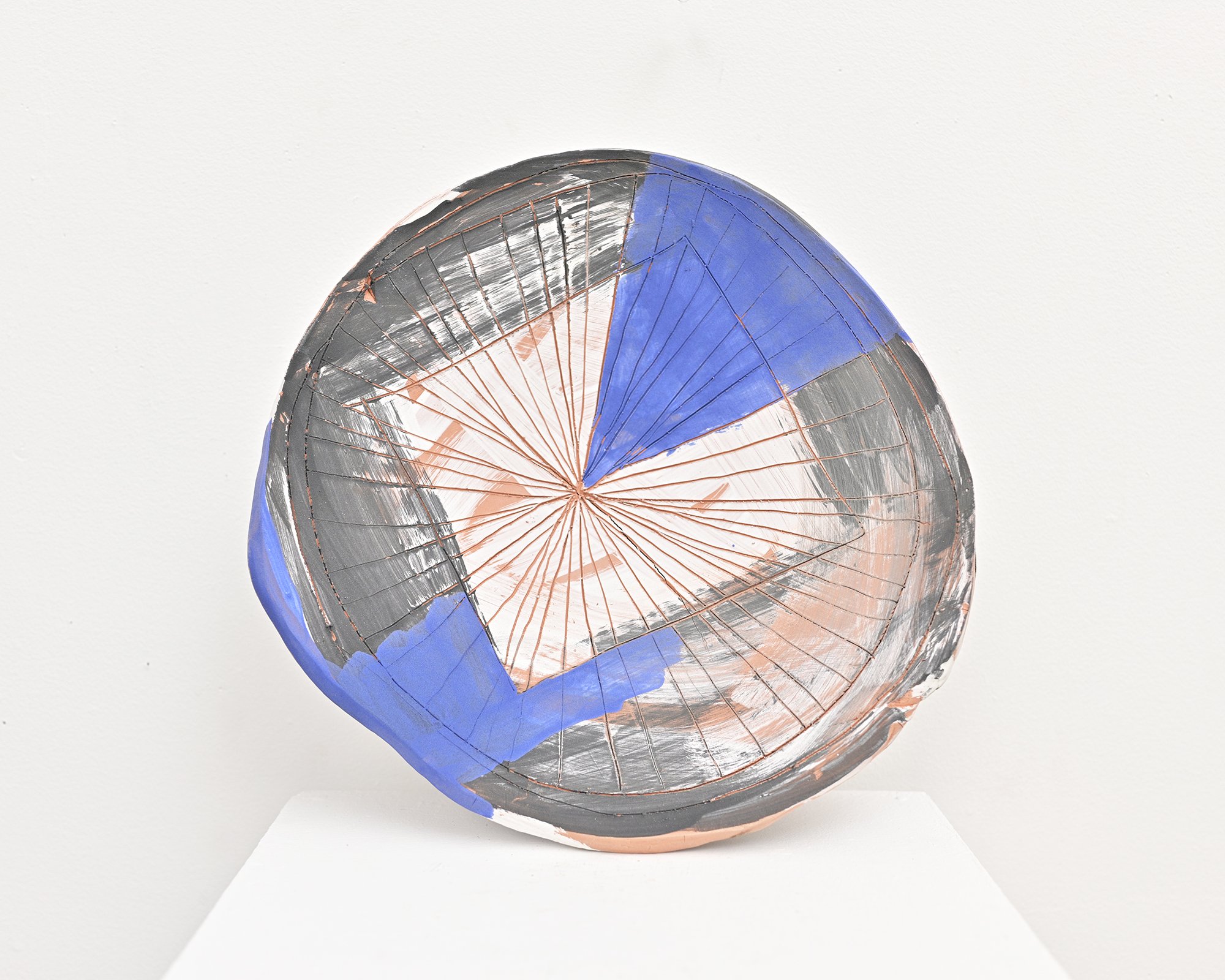   untitled (disk-blue) , low-fire earthenware, underglaze, 12” x 13” x 3”, 2024  