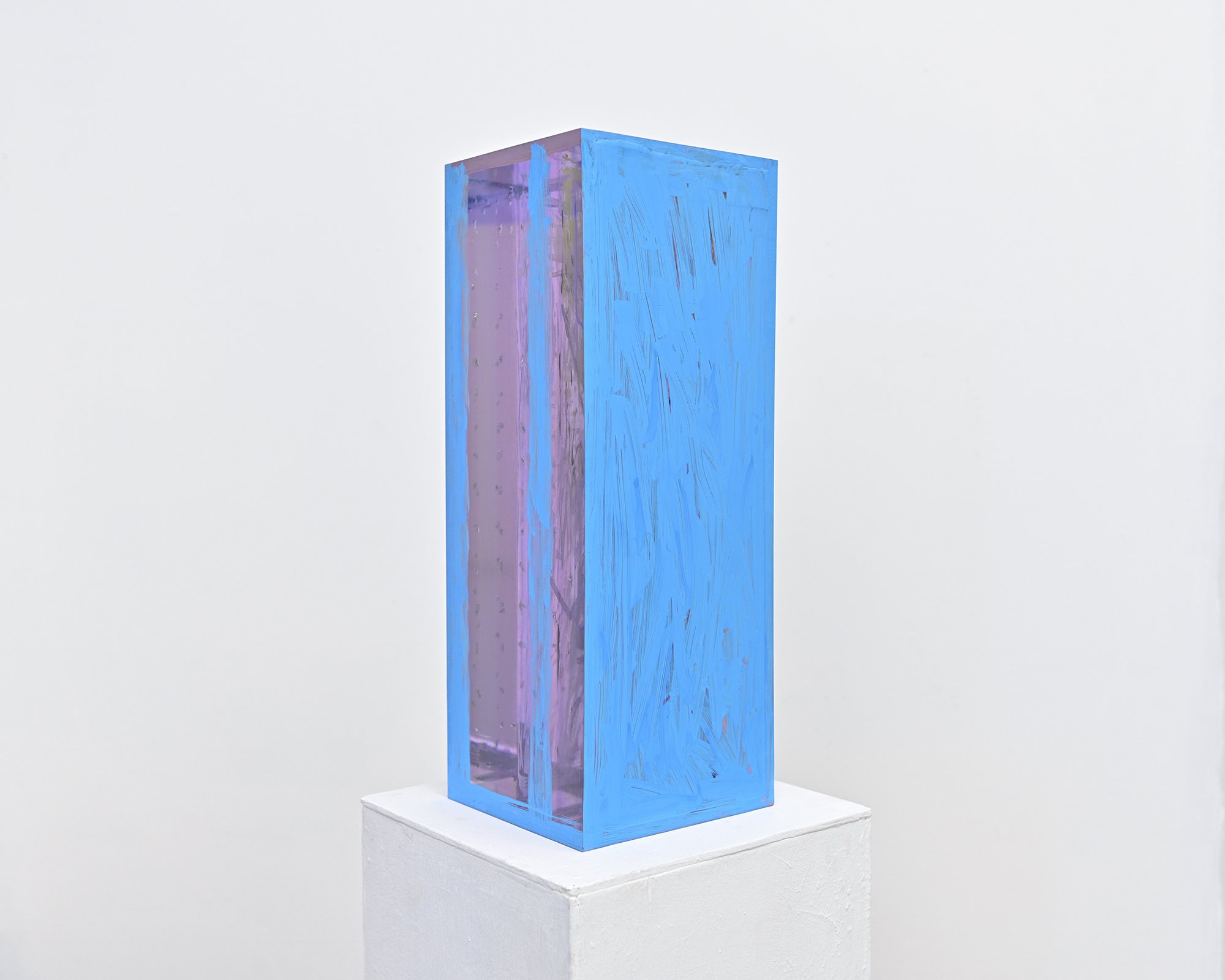  vision quest (blue), resin, paint, salvaged 1970s car glass in acrylic, 17 1/2” x 7” x 7” 