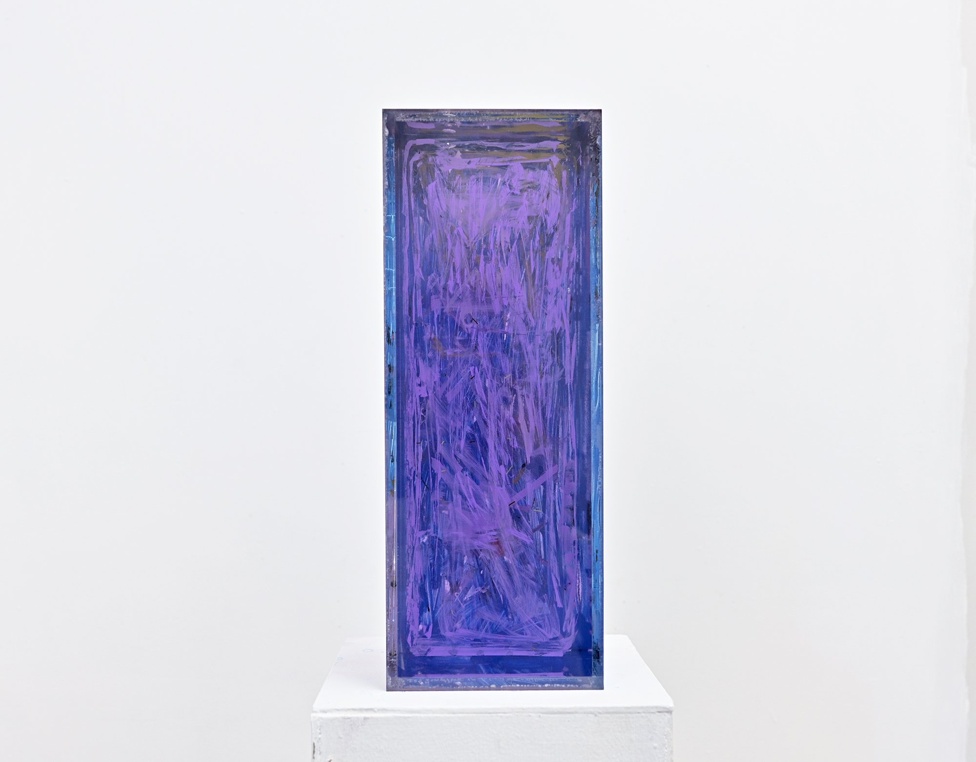   vision quest ( blue) , resin, paint, salvaged 1970s car glass in acrylic, 17 1/2” x 7” x 7” 