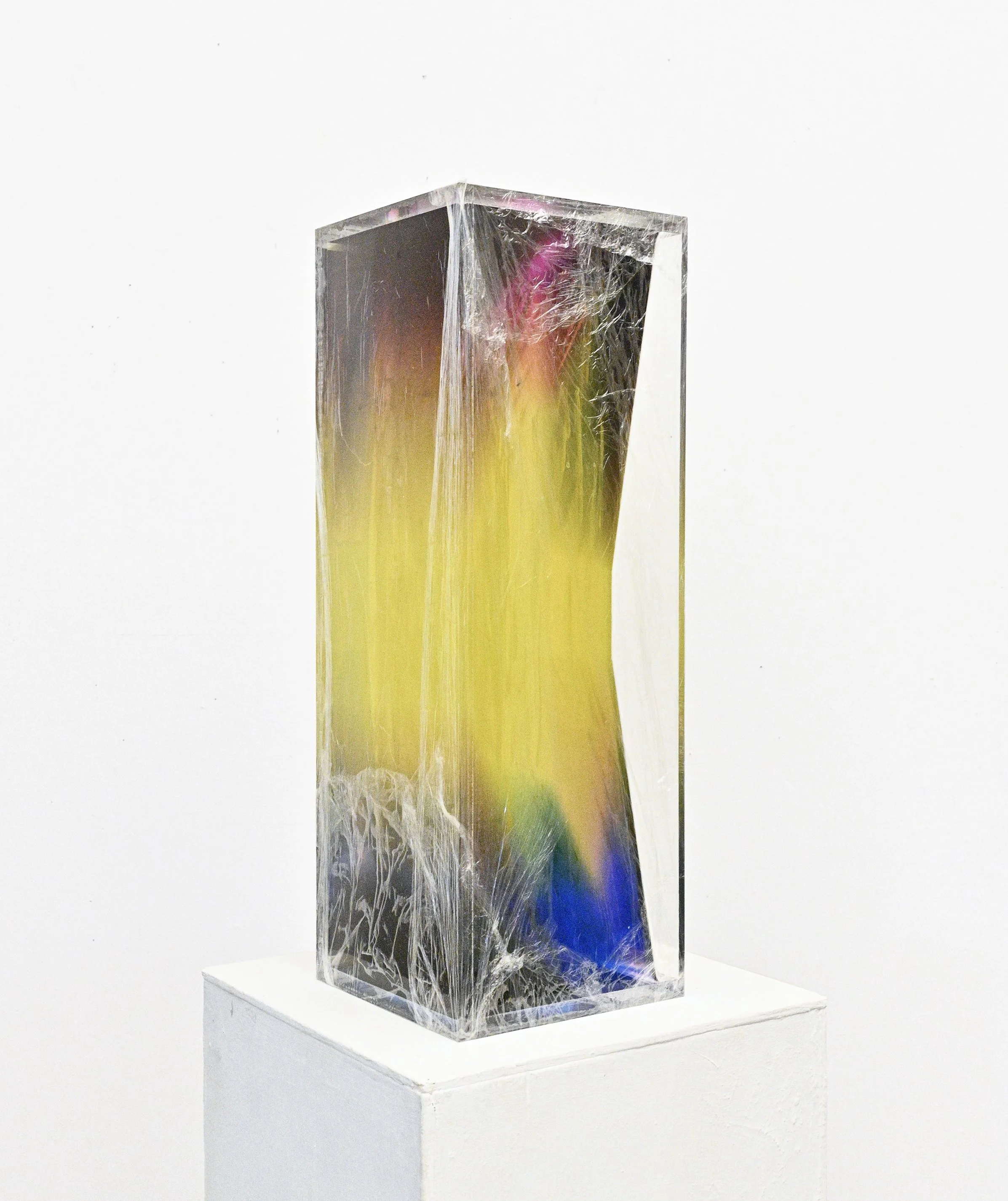 Vision capsule (in order to be unlimited the mind must be limited) resin, salvaged automobile glass and paint in plexiglass, 17 ½ ” x 7” x 7” , 2024