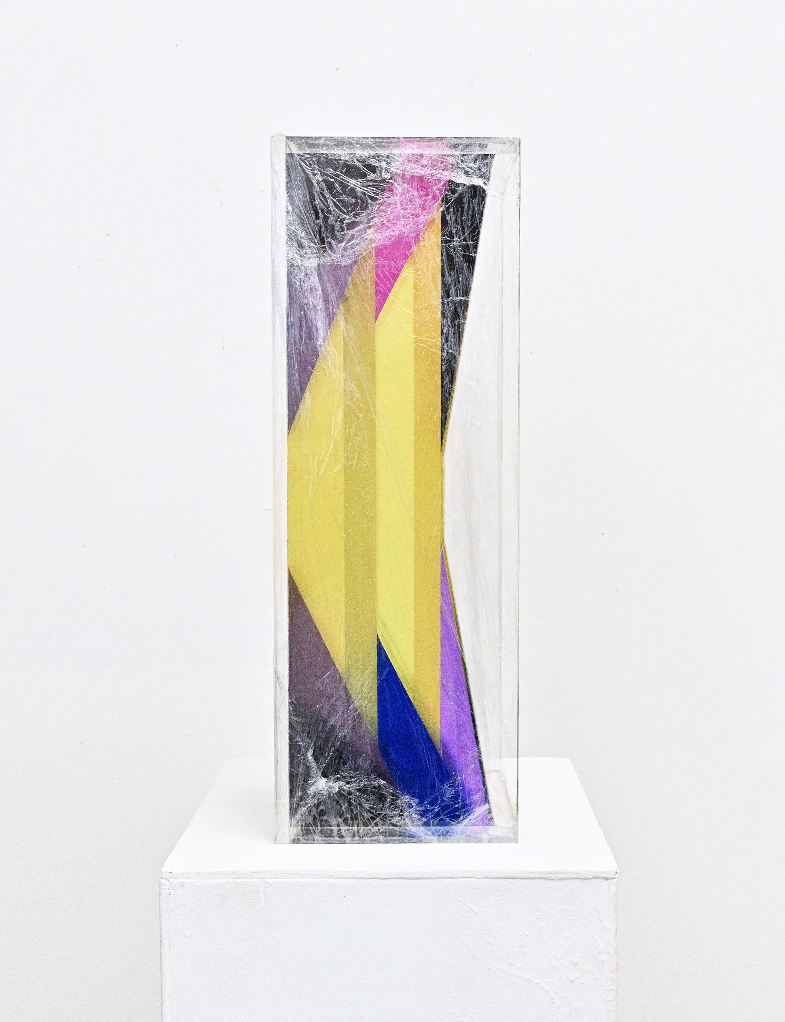 Vision capsule (in order to be unlimited the mind must be limited) resin, salvaged automobile glass and paint in plexiglass, 17 ½ ” x 7” x 7” , 2024