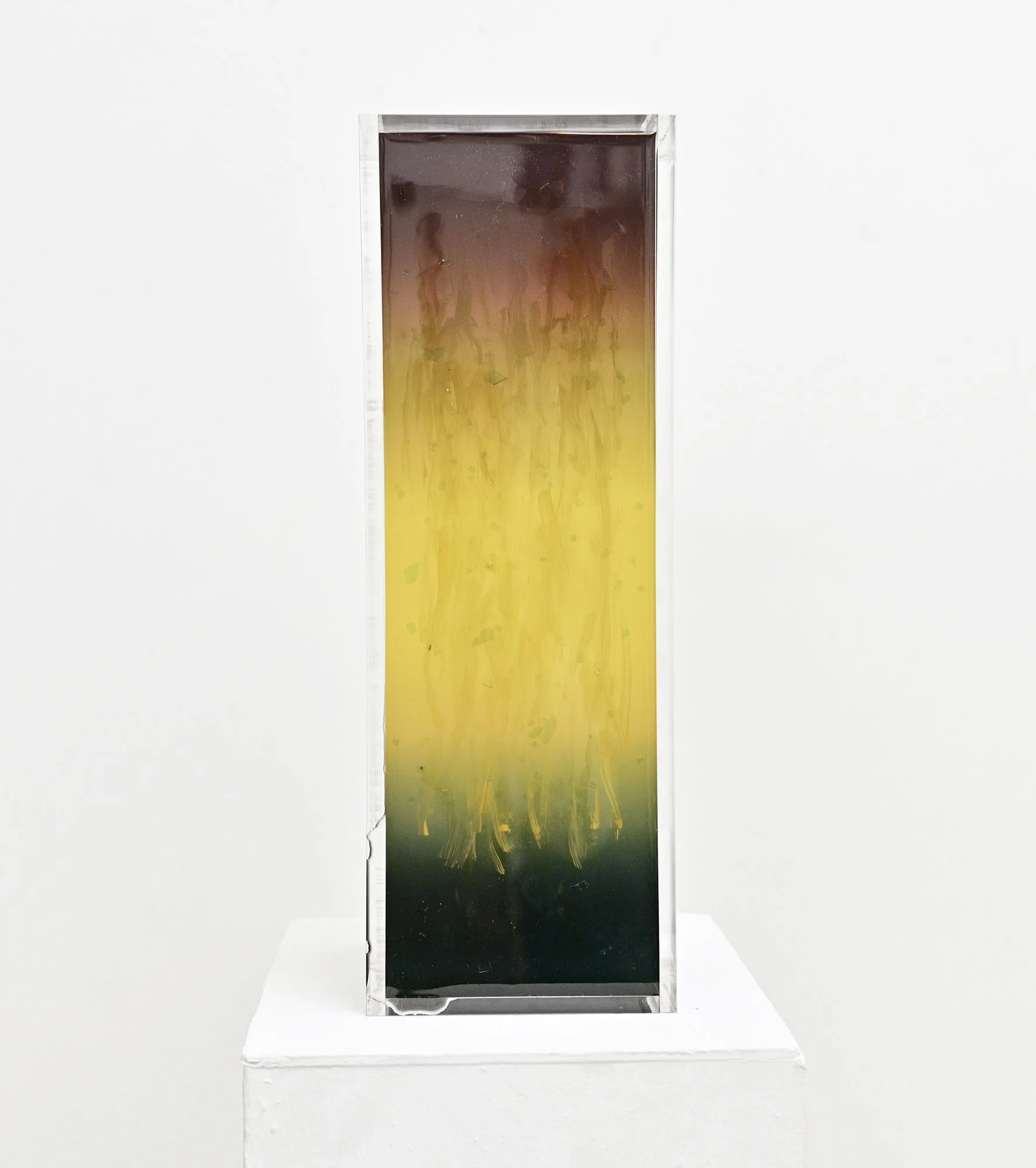 Vision capsule (in order to be unlimited the mind must be limited) resin, salvaged automobile glass and paint in plexiglass, 17 ½ ” x 7” x 7” , 2024