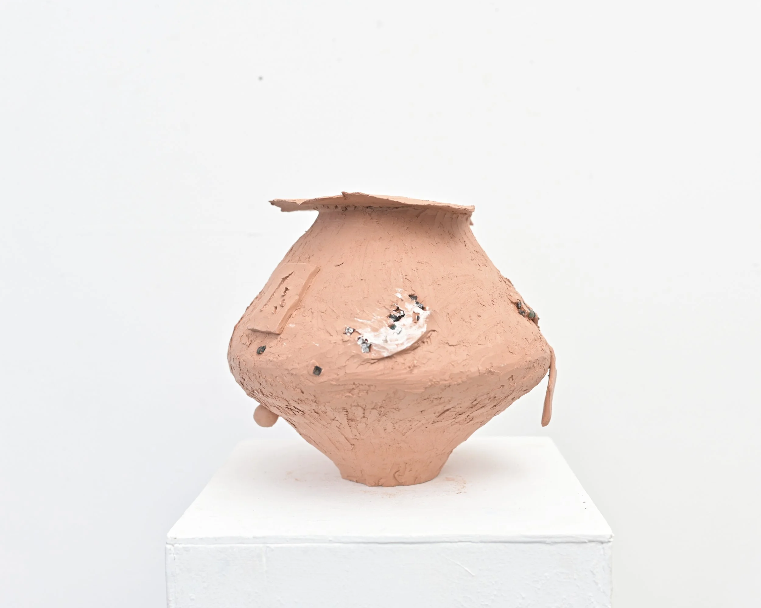   Unholding  , earthenware, found car glass, glaze,  palm leaf ashes, 8” x 9” x 9” 2024 