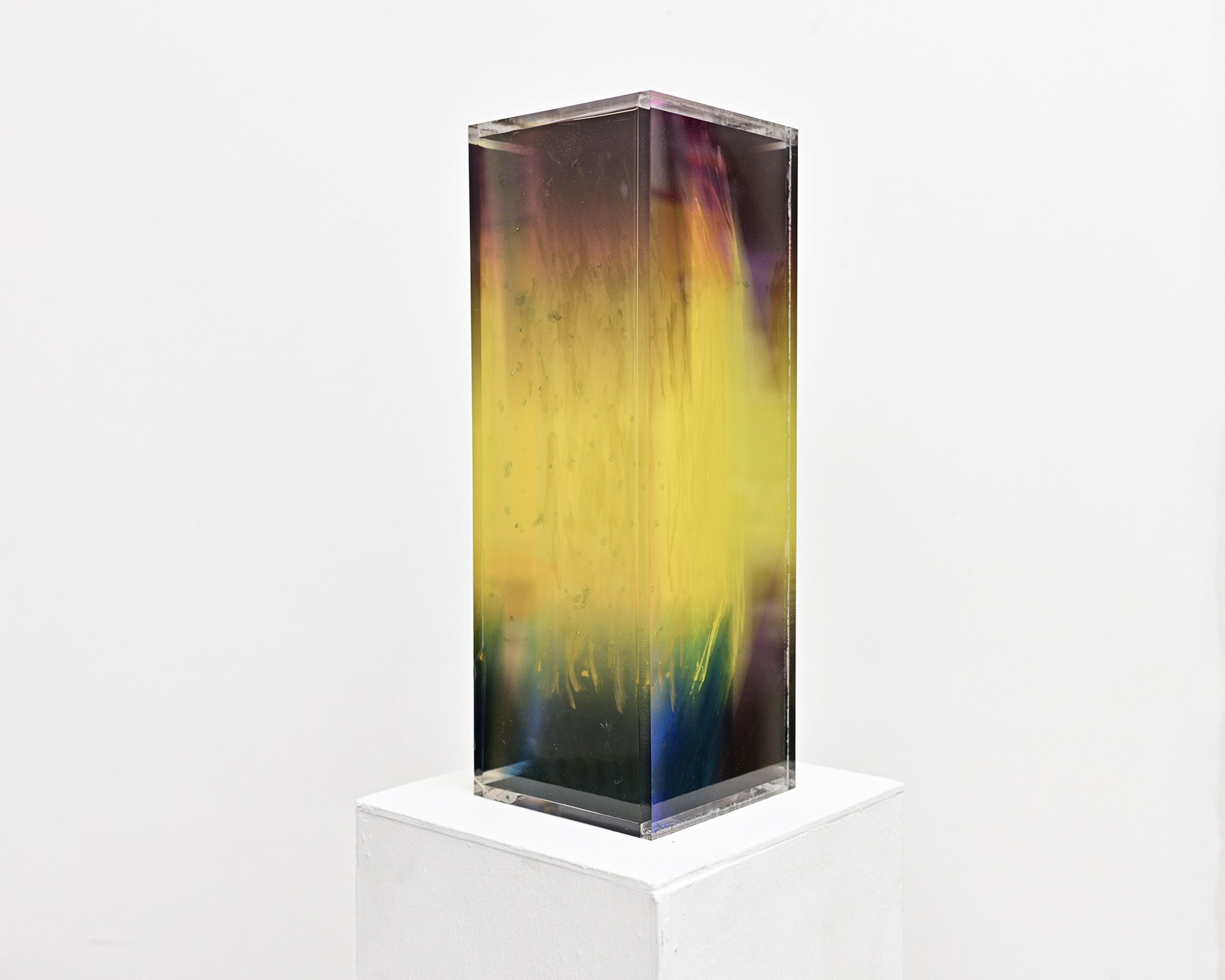   Vision capsule (in order to be unlimited the mind must be limited)  resin, salvaged automobile glass and paint in plexiglass, 17 ½ ” x 7” x 7” , 2024 