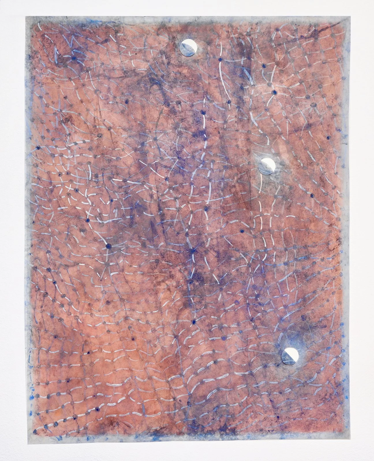    3 moons   (  ice recording (#2),   pigment, gesso, glaze, pastel, ice, dirt on vellum, 27 1/4" x 36" 