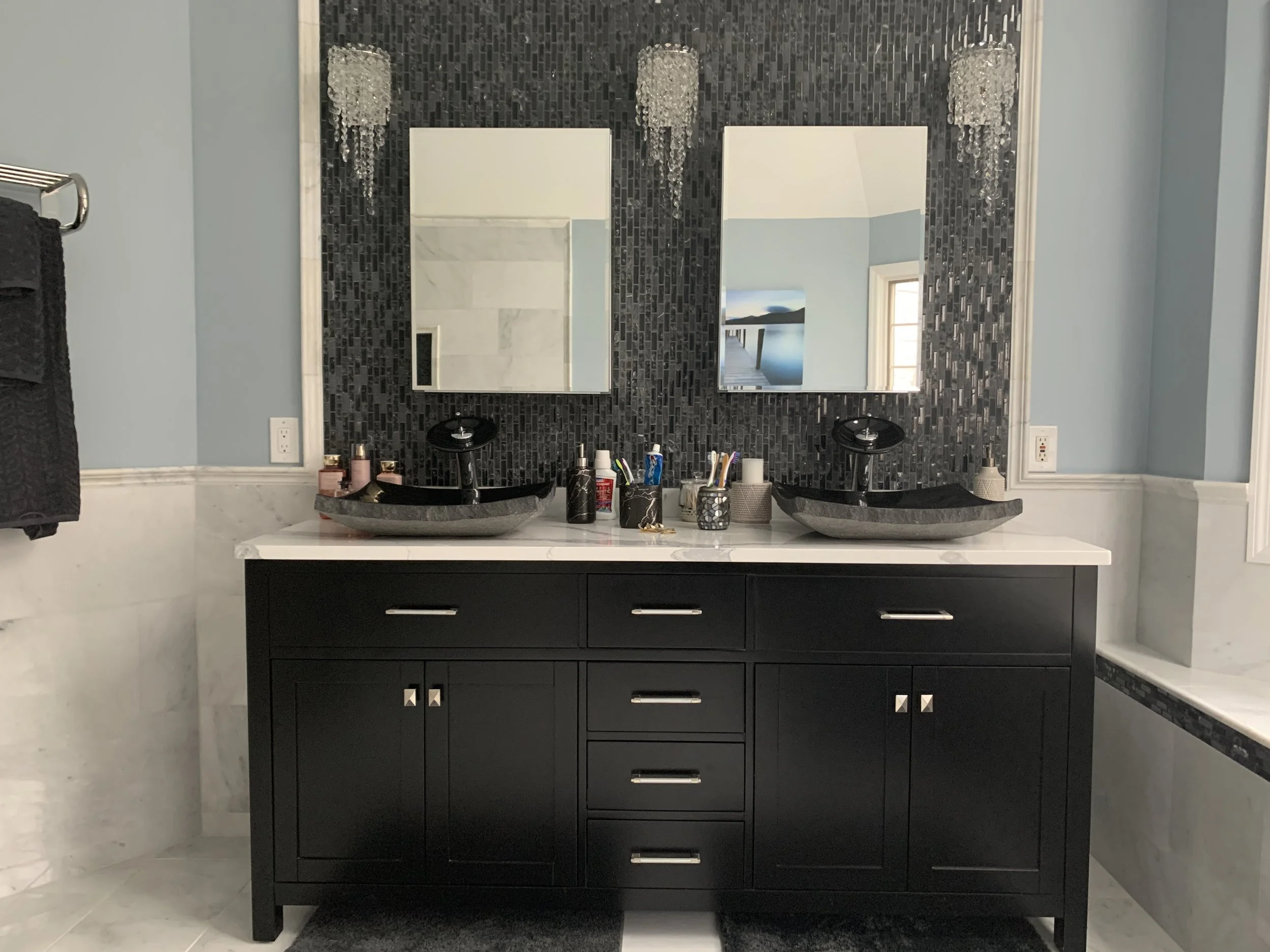 Bathroom vanity professionally cleaned with polished fixtures and surfaces in a Morris County, NJ home