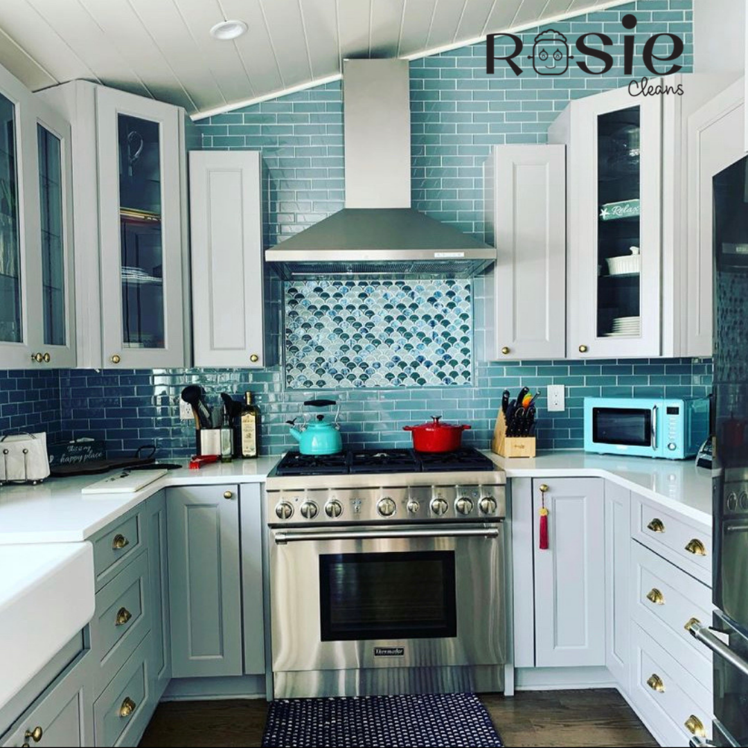 Deep cleaned modern kitchen with white cabinets and tile backsplash in a Denville - Morris County, NJ home