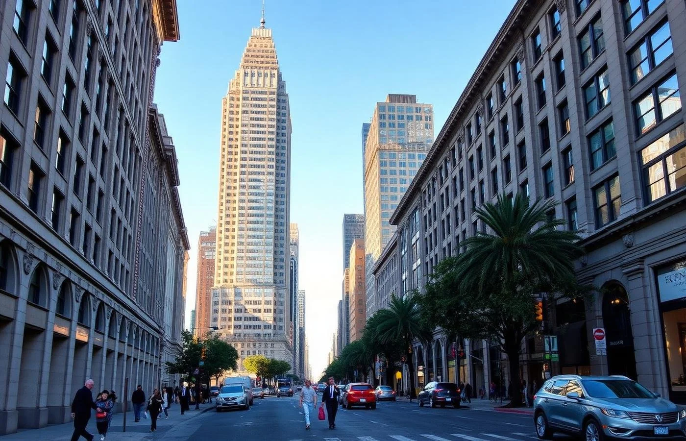 City street with tall skyscrapers, people walking, and cars on the road during daytime.