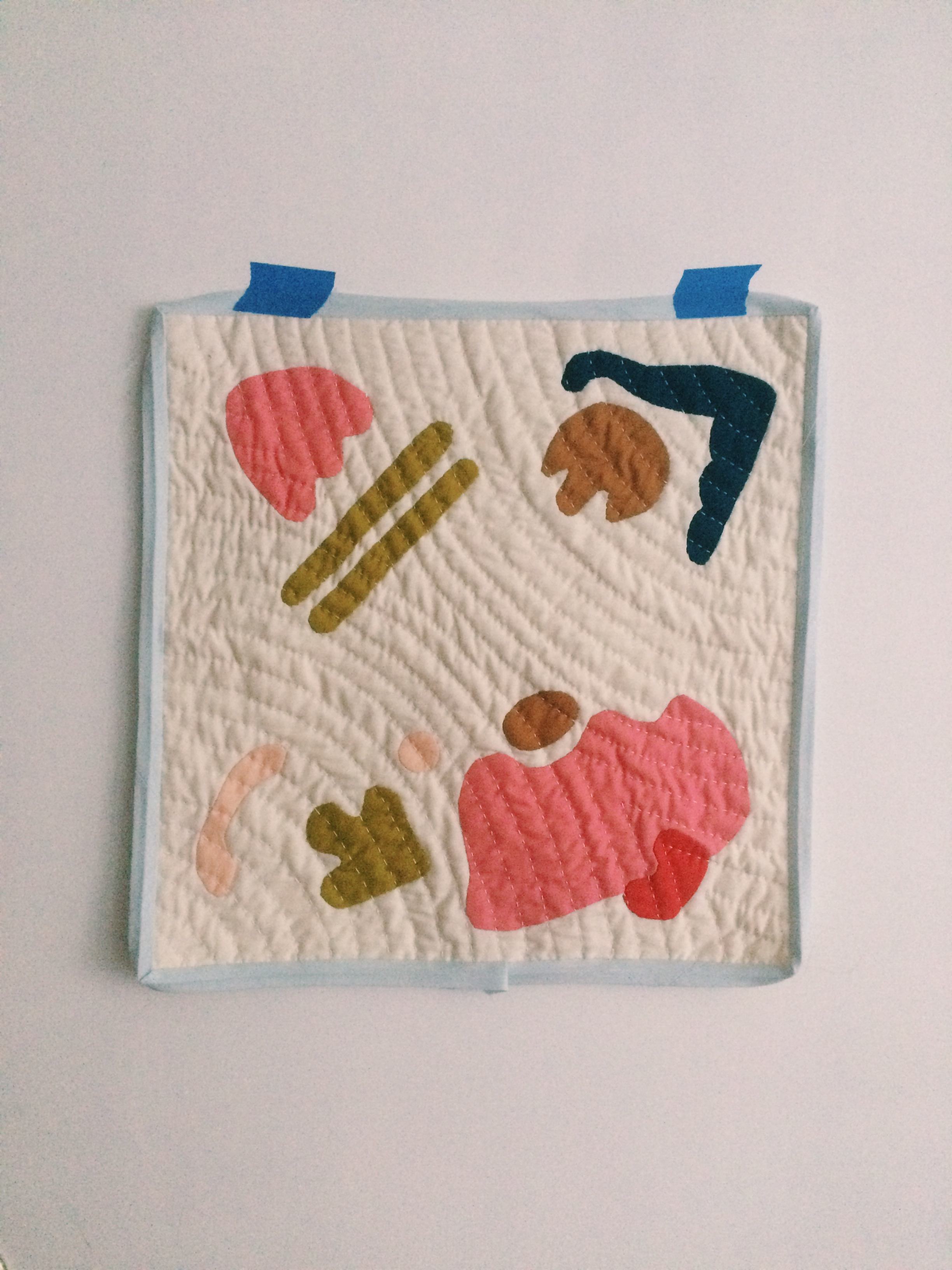 First needle-turn applique piece, started because my sister encouraged me to. I started cutting abstract shapes and jumped in, quickly becoming engaged with the work. 