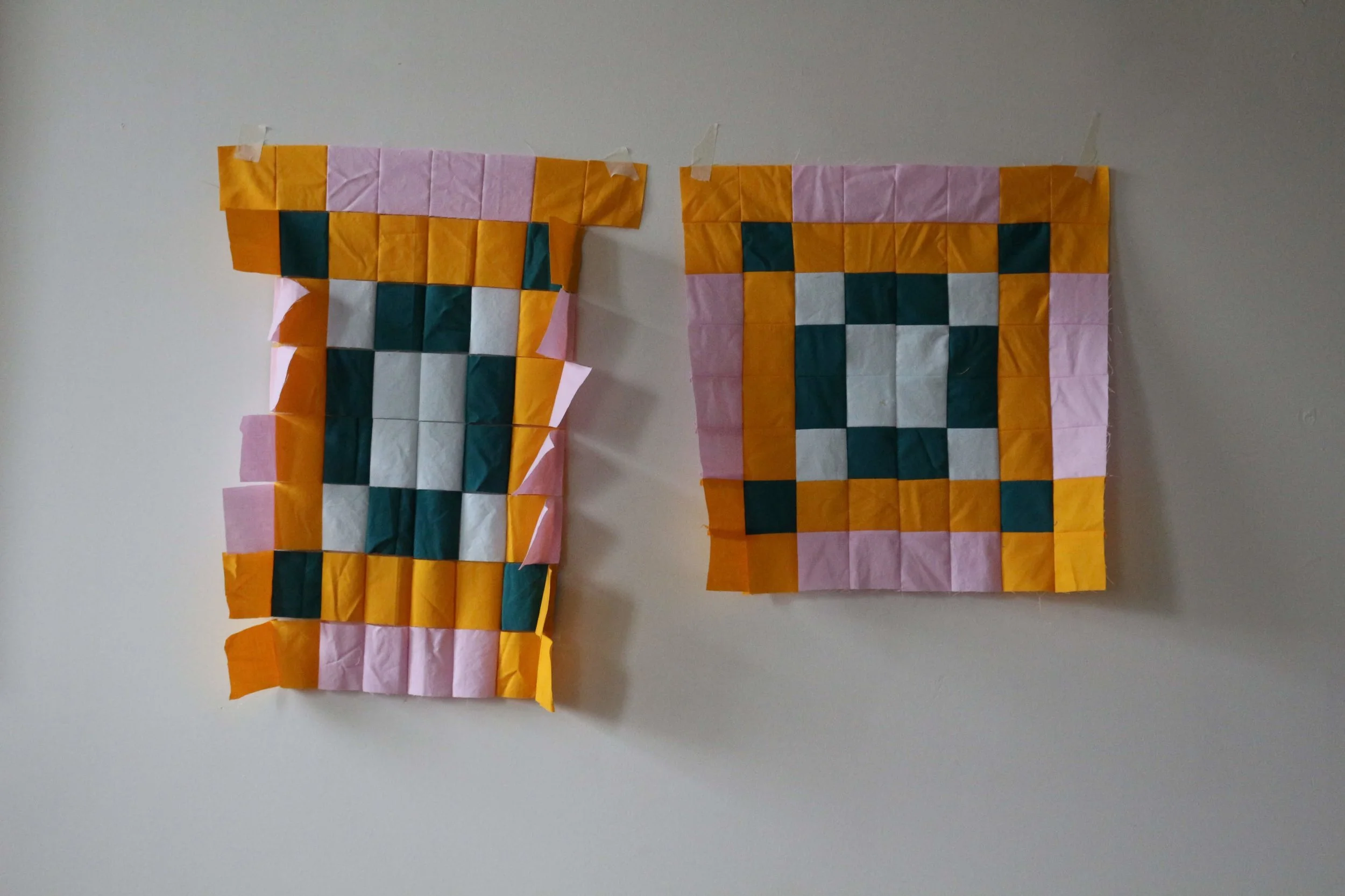  Example of a finished fixed-width block (right) and a half-finished chain-pieced fixed-width patchwork block (left) 