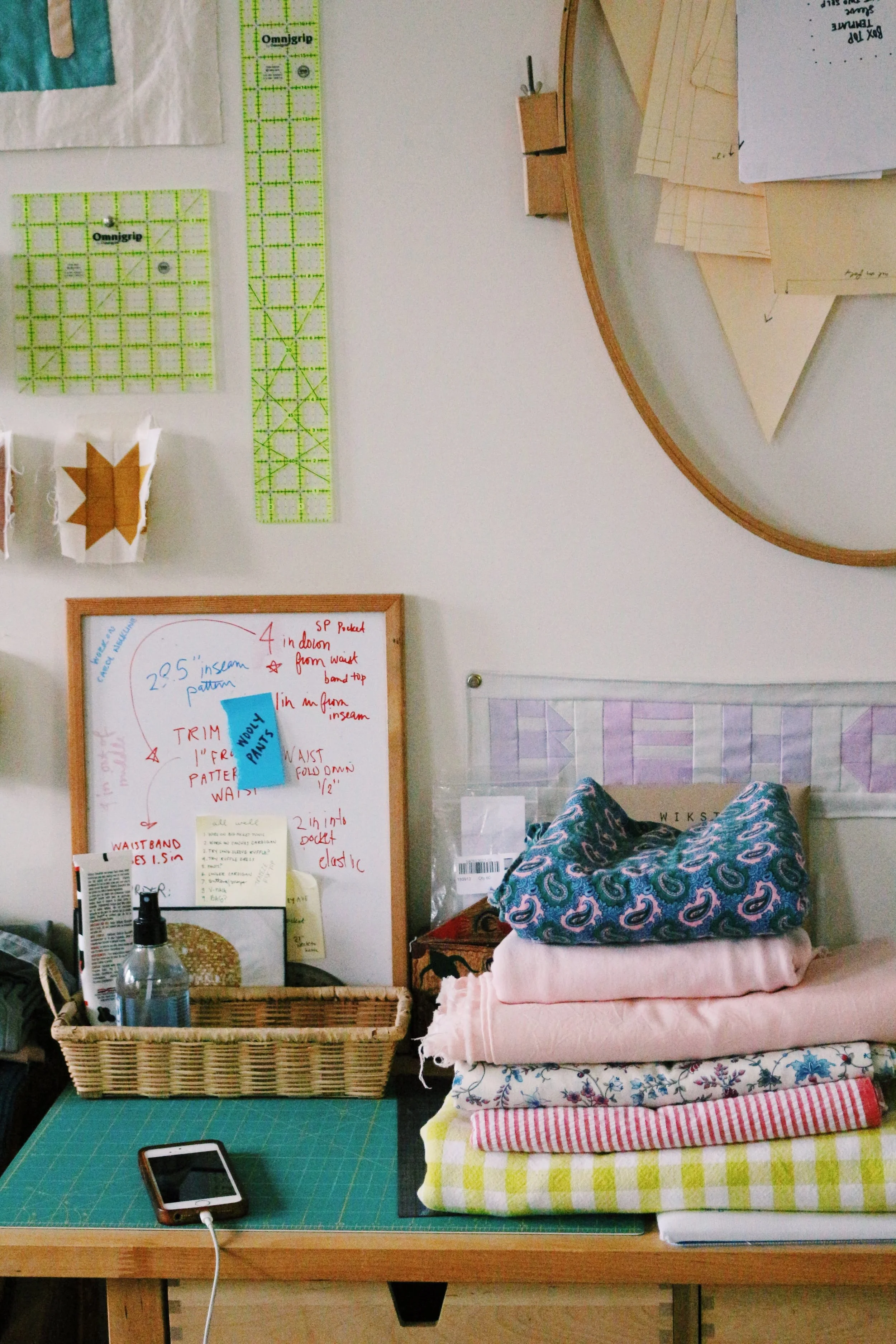 workspace, locally-sourced secondhand fabric for all well projects, 2018