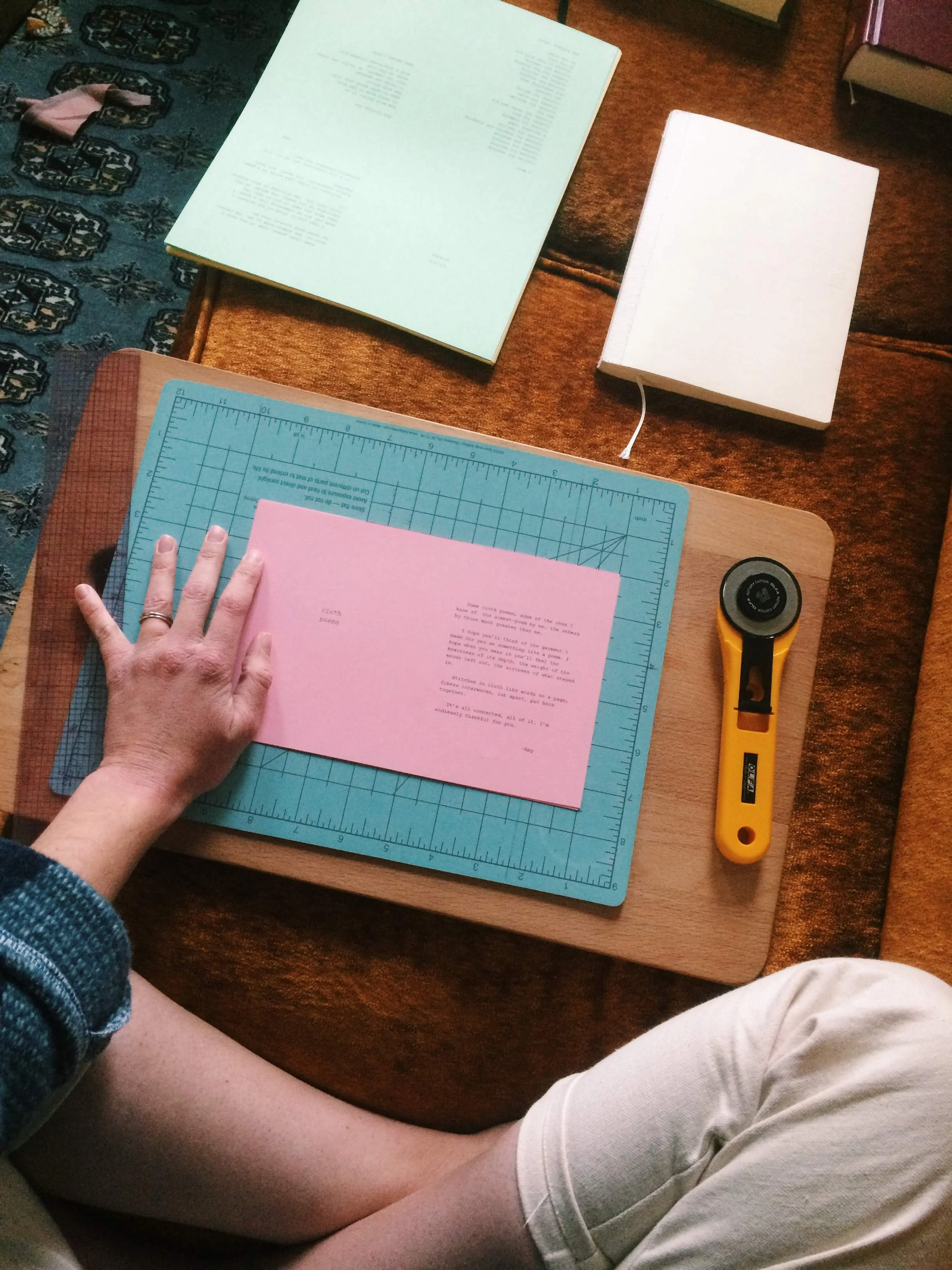 process, cutting zines to send in packages, 2018