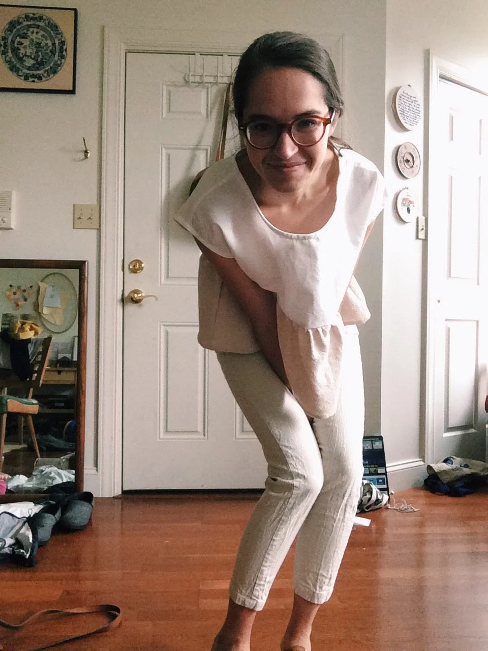 self portrait, ruffle top and canvas pants, 2018