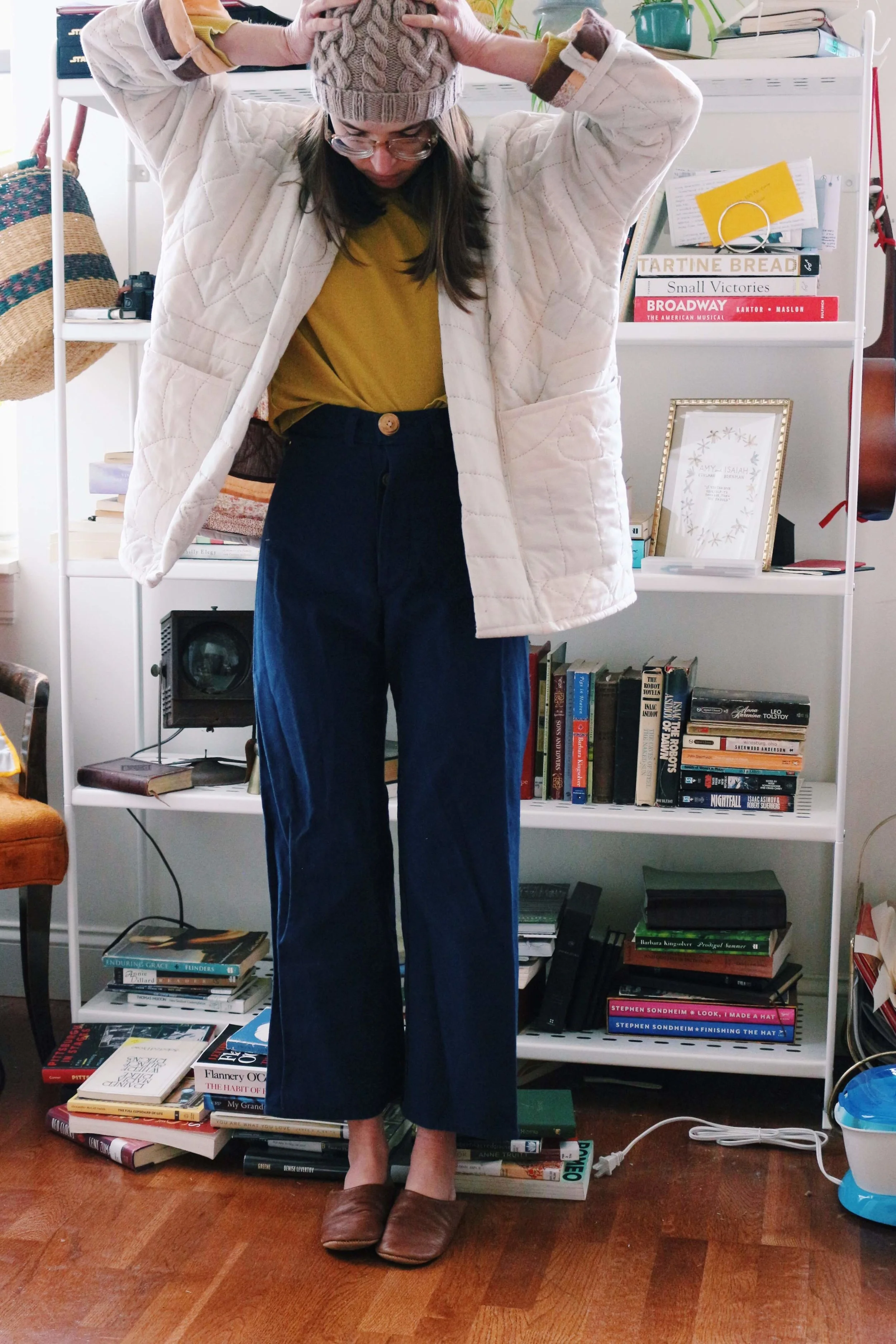   Wiksten haori  made from a vintage quilt,  Persephone pants  in navy twill, handknit hat, chartreuse top from a clothes swap 
