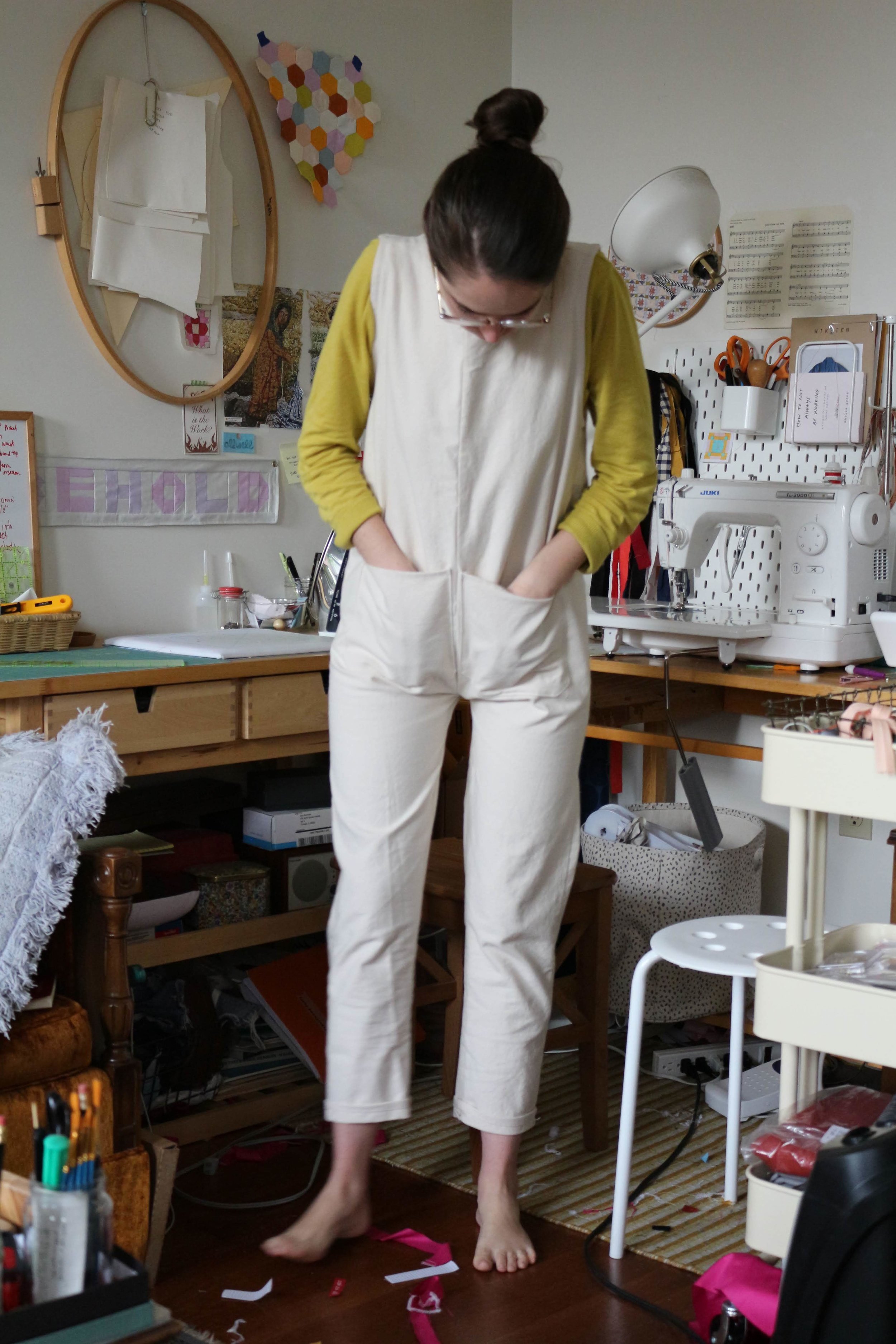  Self-drafted coveralls in cotton canvas, chartreuse top from a clothes swap 
