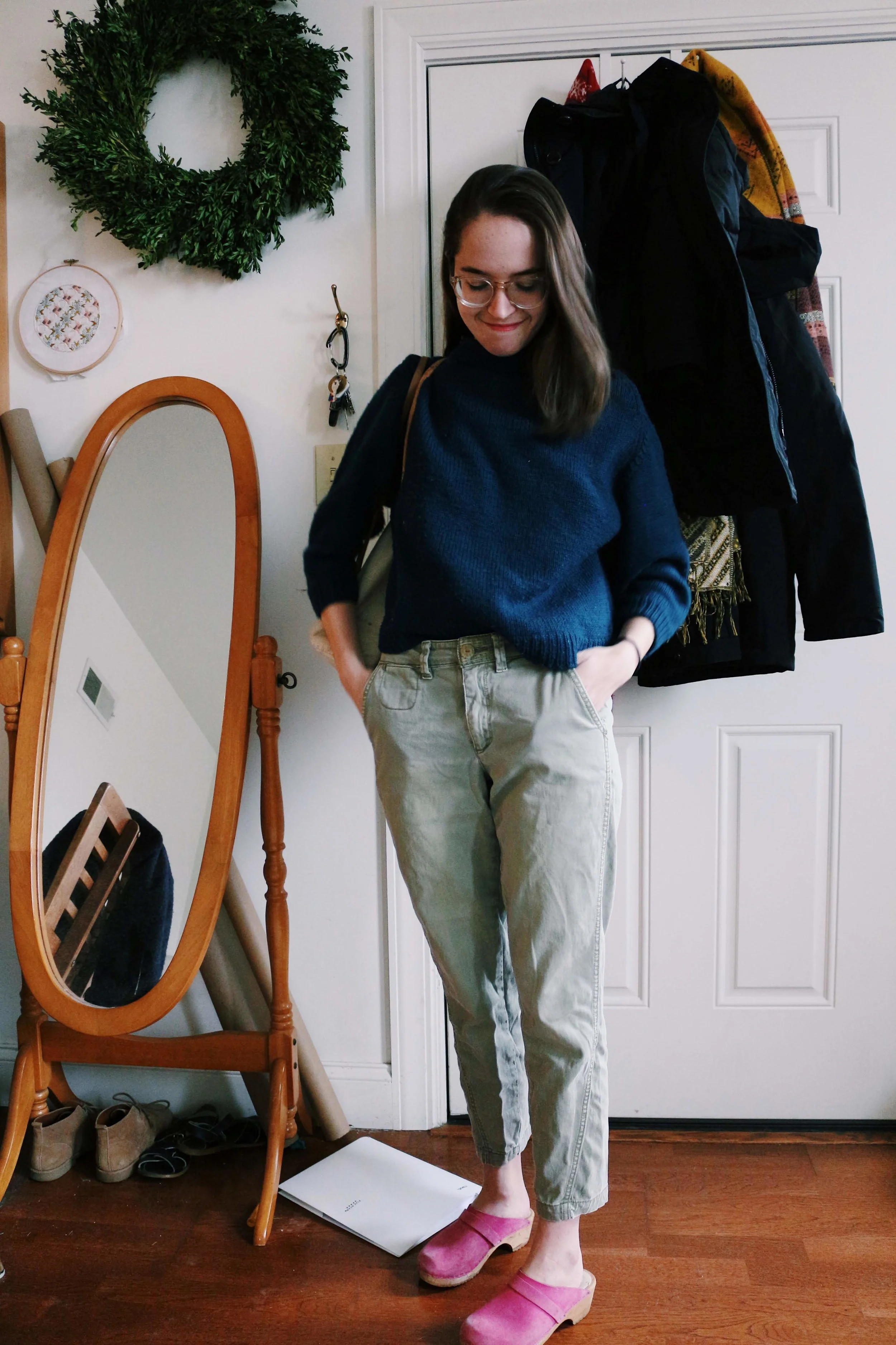 Hand-knit cline sweater , chinos from a clothes swap, magic secondhand pink clogs