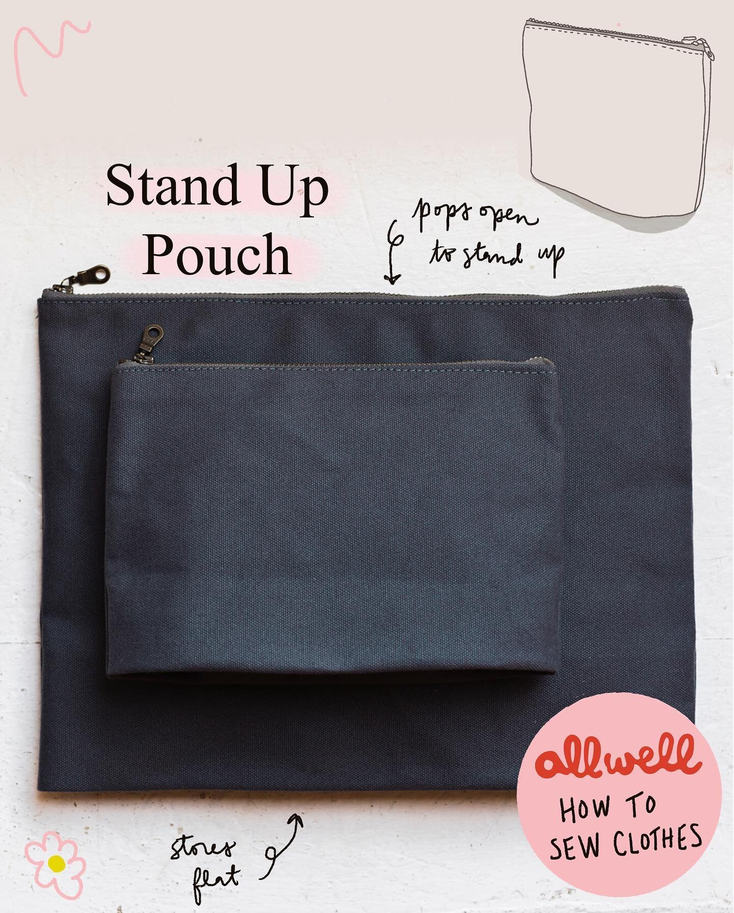 The Stand Up Pouch is a riff on the flat pouch, but instead of two pieces, you cut one big rectangular piece (on the fold), and then you make a quick little fold of fabric on the bottom before you sew up the sides. This creates a three-dimensional bo