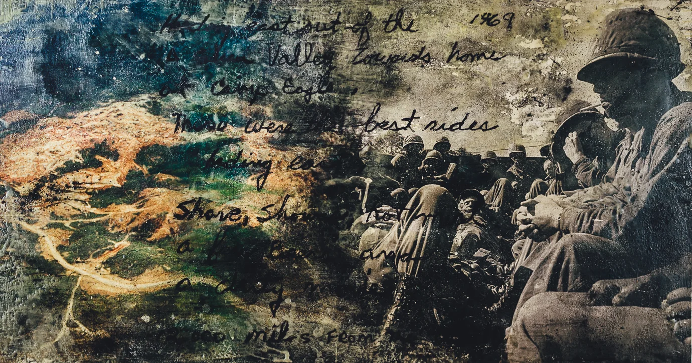 “12,000 Miles From The World” Encaustic Image Transfer Collage 24’’ x 42’’ 2016.