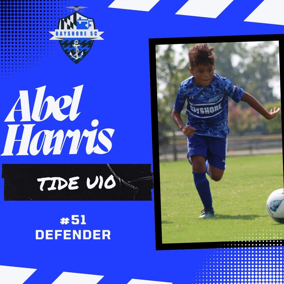 ⚽ Bayshore SC Player Profile 🌊
Abel Harris - Tide U10
First Year

His favorite soccer memory is scoring his first goal with Bayshore this season!
He loves playing for Bayshore SC because he loves soccer and loves playing on a team with a love for co