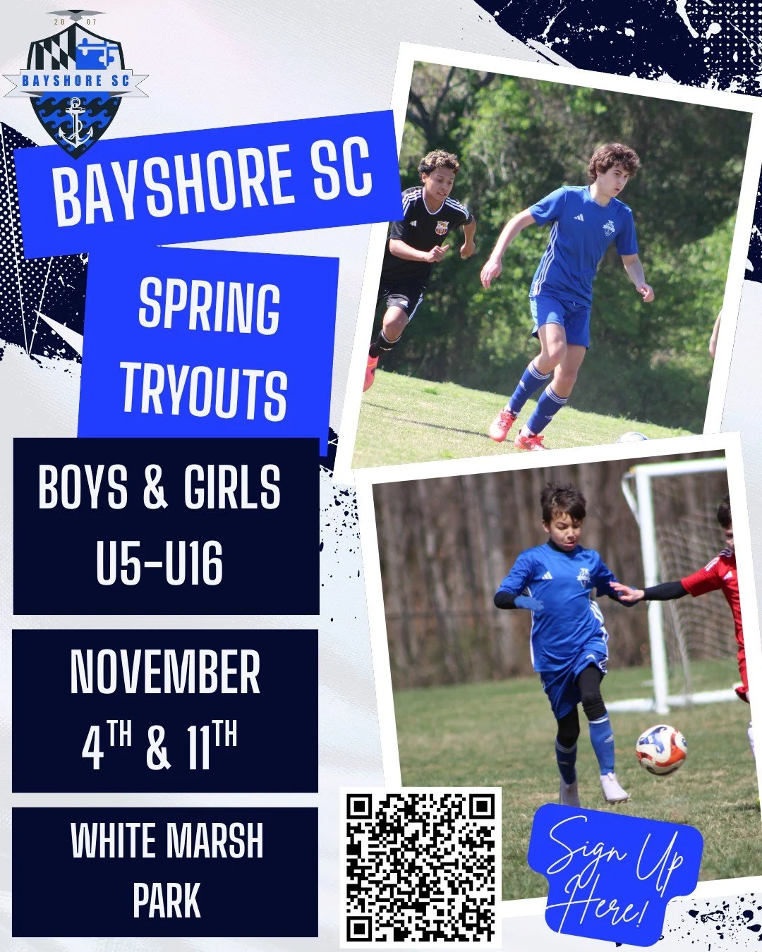 Bayshore SC is hosting tryouts for the spring season on November 4th and 11th!  Join the premier premier travel soccer club on the Eastern Shore of Maryland for young athletes always seeking excellence! 

Sign up at https://docs.google.com/forms/d/e/