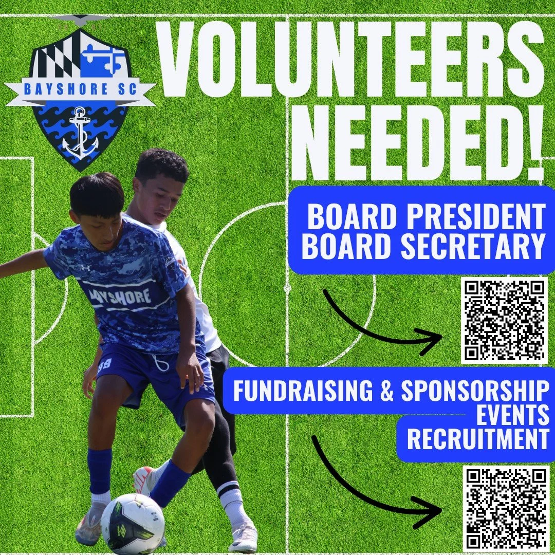 Bayshore SC is growing!  We're looking for nominations for our Board President and Secretary as well as volunteers for our fundraising &amp; sponsorship, events, and recruitment committees to support our club and its mission. #BayshoreSoccerClub ⚽🌊
