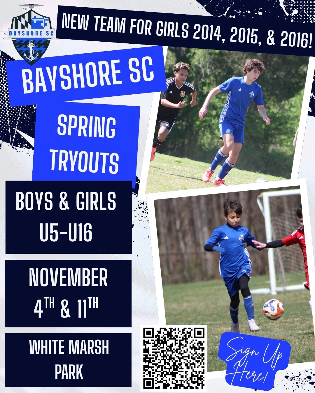 UPDATE - We're forming a new girls team for birth years 2014, 2015, and 2016!  Fill out the tryout registration link to join us.

Bayshore SC is hosting tryouts for the spring season on November 4th and 11th!  Join the premier premier travel soccer c