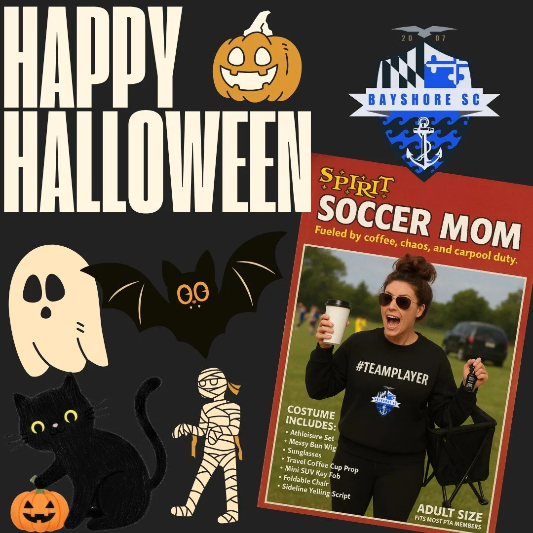 Happy Halloween from Bayshore SC!  If any soccer moms are looking for a costume, we've got your inspo! #BayshoreSoccerClub ⚽🌊👻🎃