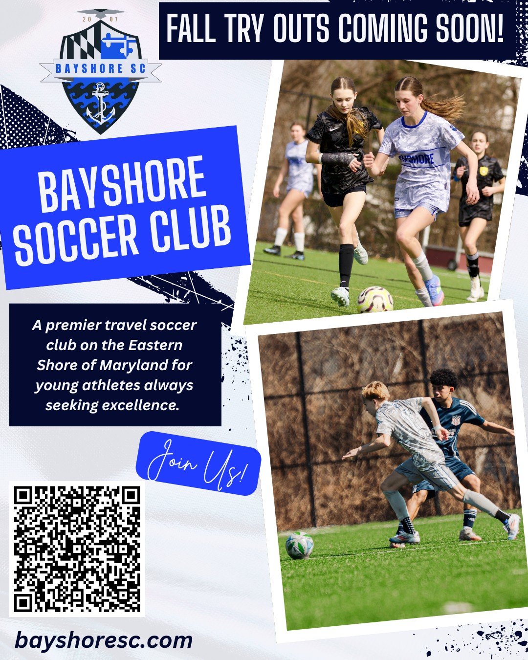 Bayshore SC is hosting tryouts for the fall 2026 season soon!  Join the premier premier travel soccer club on the Eastern Shore of Maryland for young athletes always seeking excellence.  Specific dates and times will be announced and emailed. ⚽🌊

Si