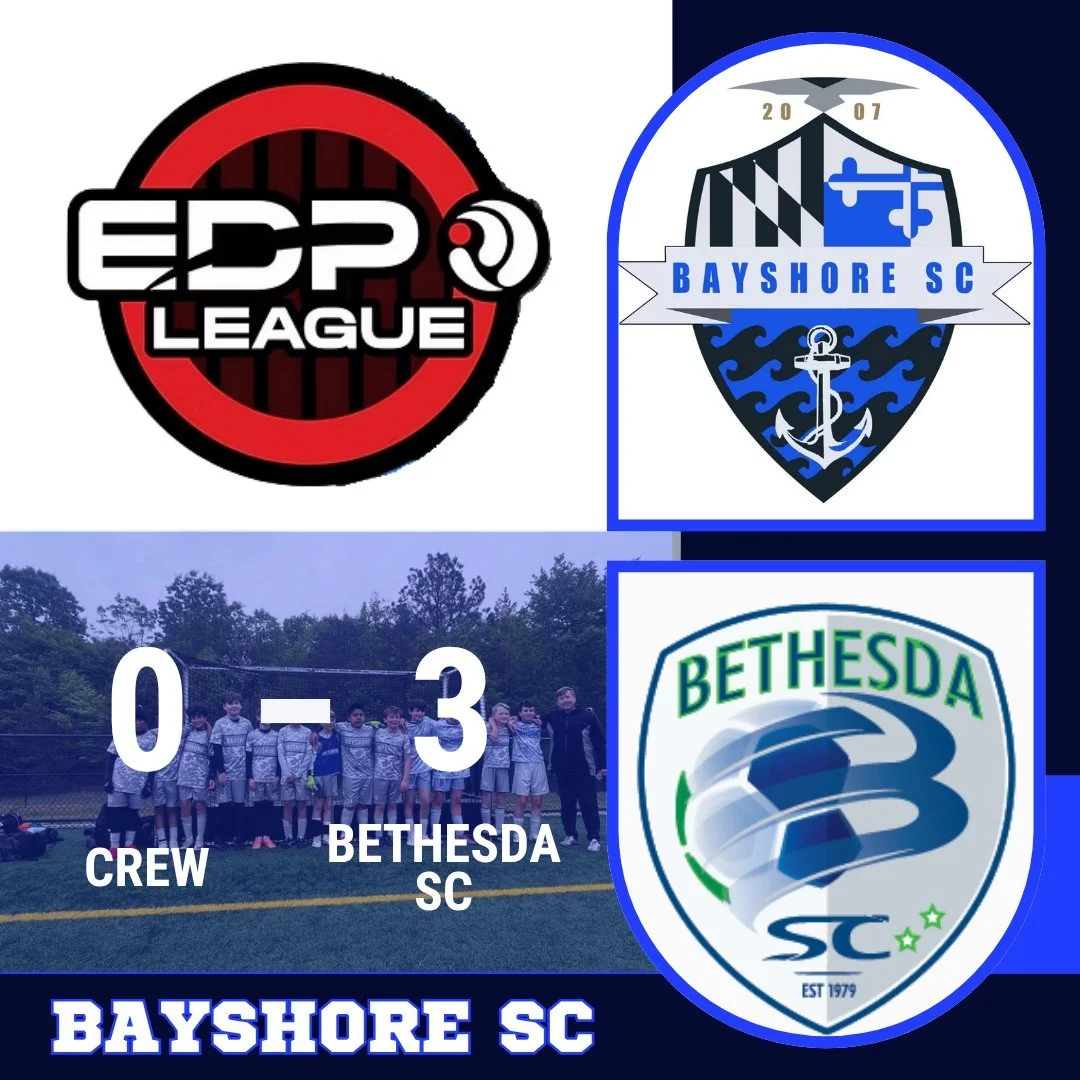Bayshore Crew fell to a skillful Bethesda SC team Sunday afternoon at White Marsh Park. After a difficult first half that saw Bethesda take a 3-0 lead, Crew regrouped at halftime and attacked with greater confidence. Led by skillful combinations betw