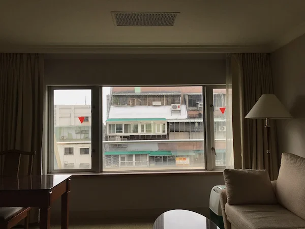 Dong Wu Hotel room, 10th floor. Red triangles mean caution, not enter... Ha!