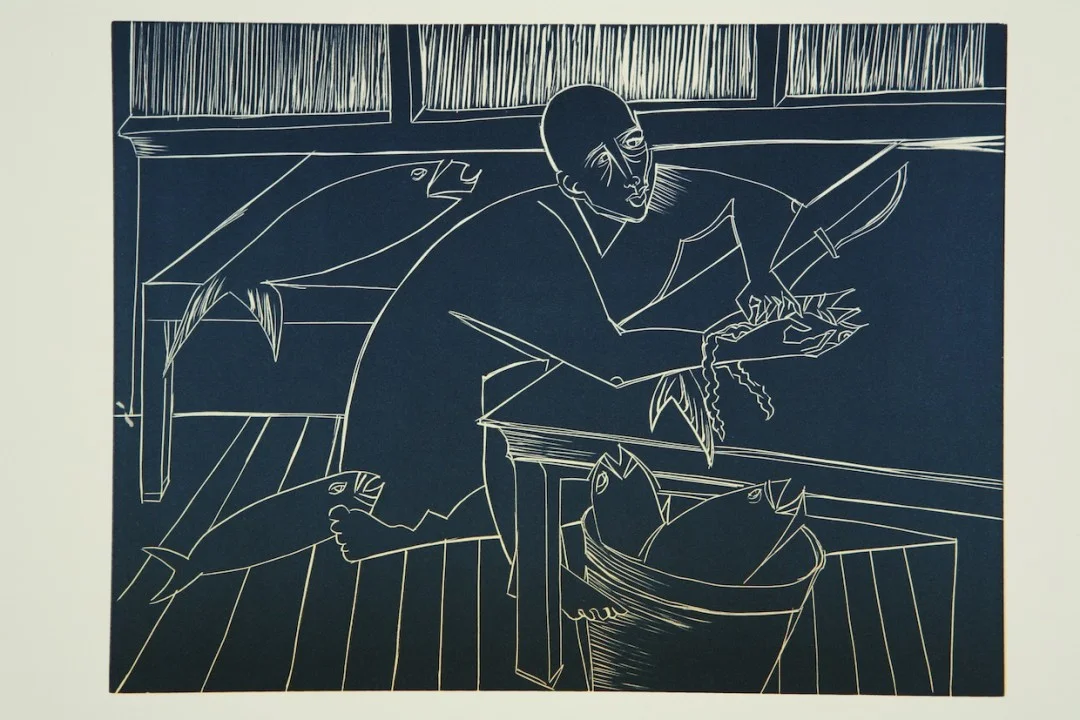 Barbara Earl Thomas, Man Cleans Fish , Linocut , 9 x 12 inches, 2006, Edition 7/10. Courtesy of the artist and Claire Oliver Gallery