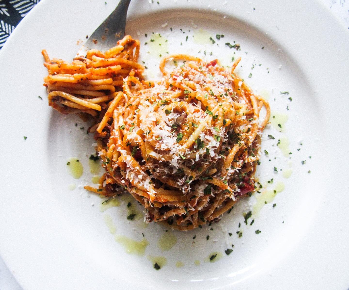 Nothing says comfort like a big bowl of Spaghetti.  There are so many ways to make this pantry staple. Today, I used a mixture of Italian sausage and ground turkey, a bit of red wine, anchovy paste, and homemade tomato sauce. The result was a delicio